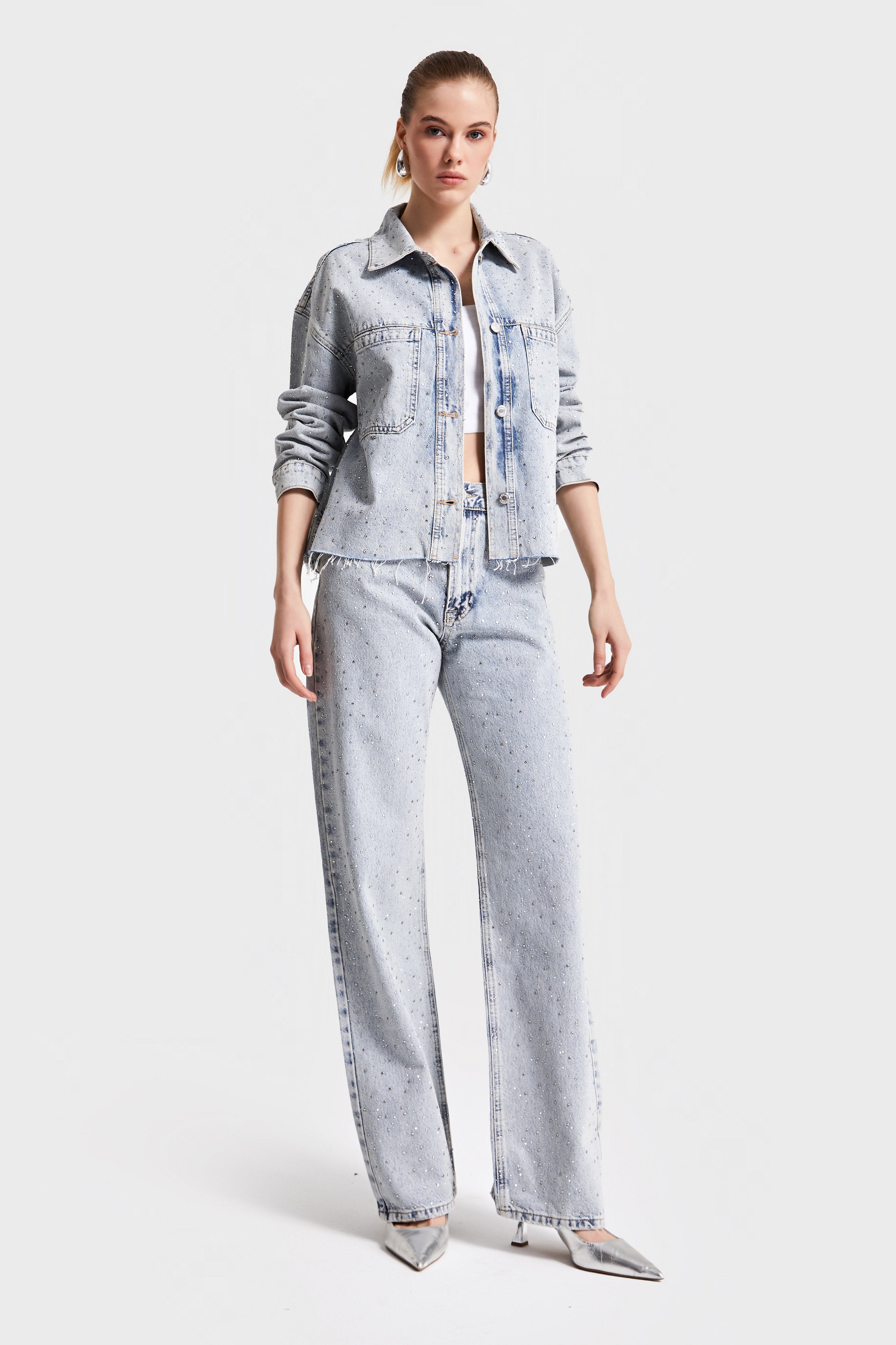 Women's Snow Jeans Color 3S5-3 Loose Cut 100% Cotton Shiny Stone Design Denim Jacket