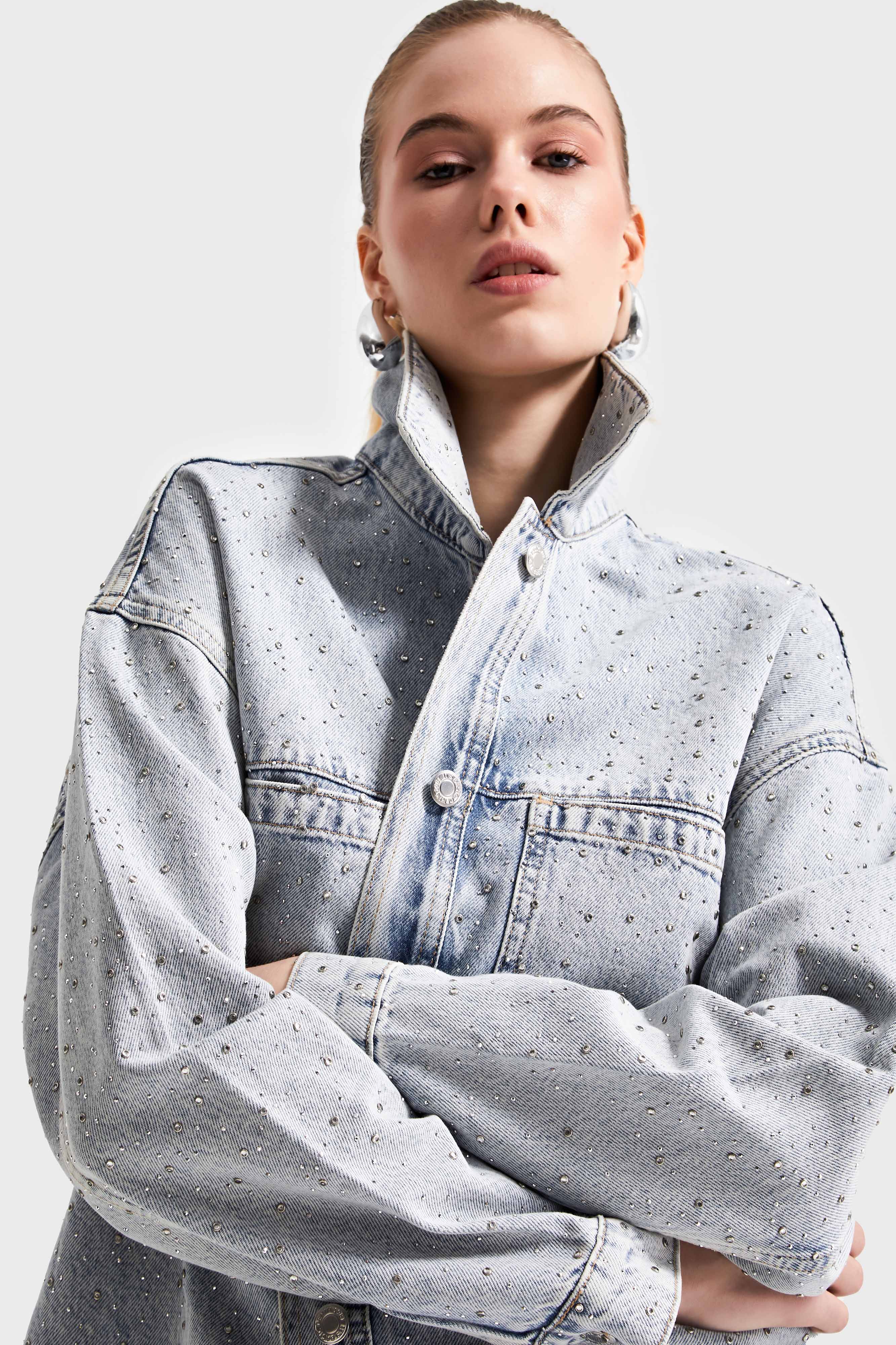 Women's Snow Jeans Color 3S5-3 Loose Cut 100% Cotton Shiny Stone Design Denim Jacket