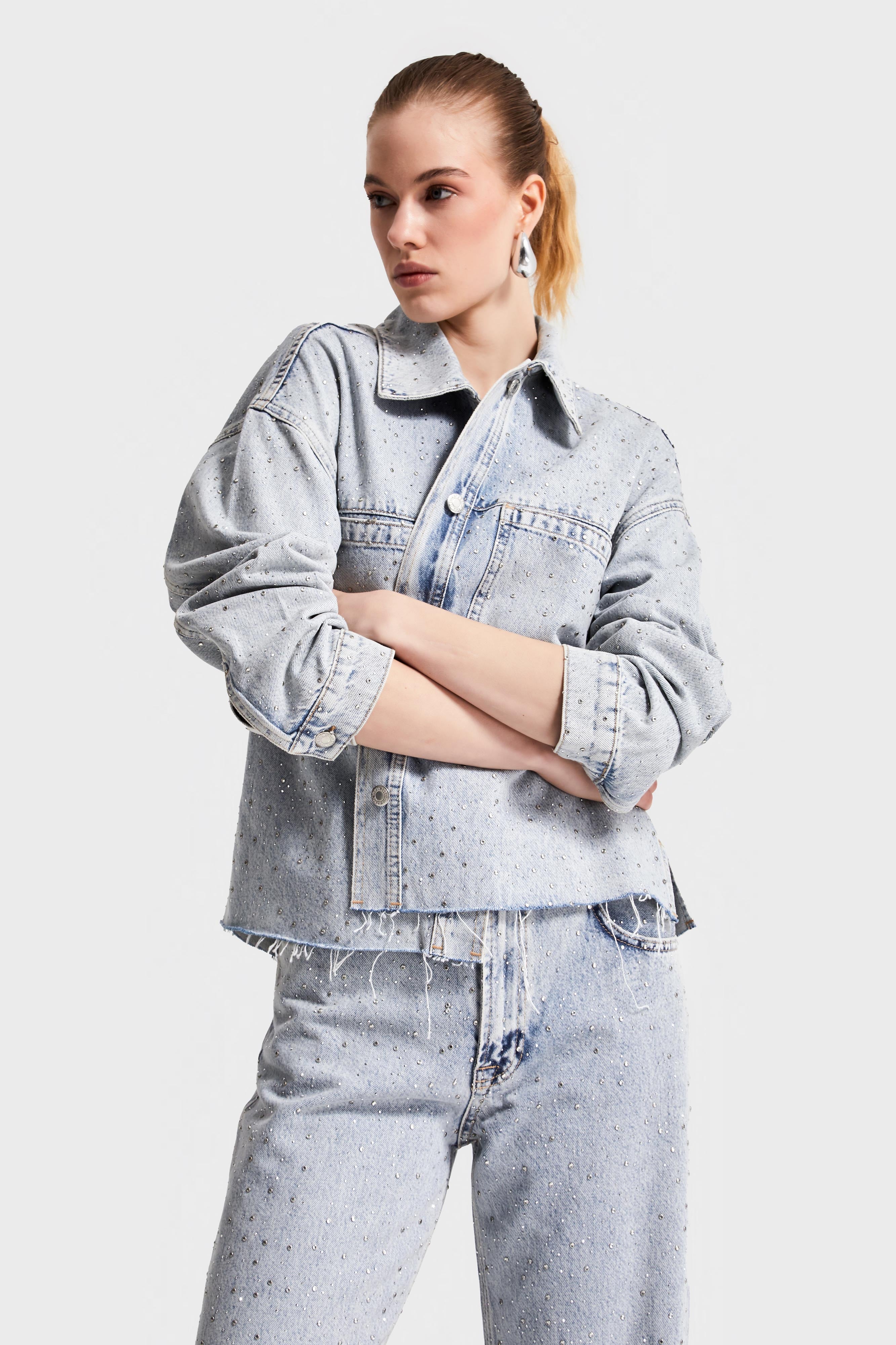 Women's Snow Jeans Color 3S5-3 Loose Cut 100% Cotton Shiny Stone Design Denim Jacket