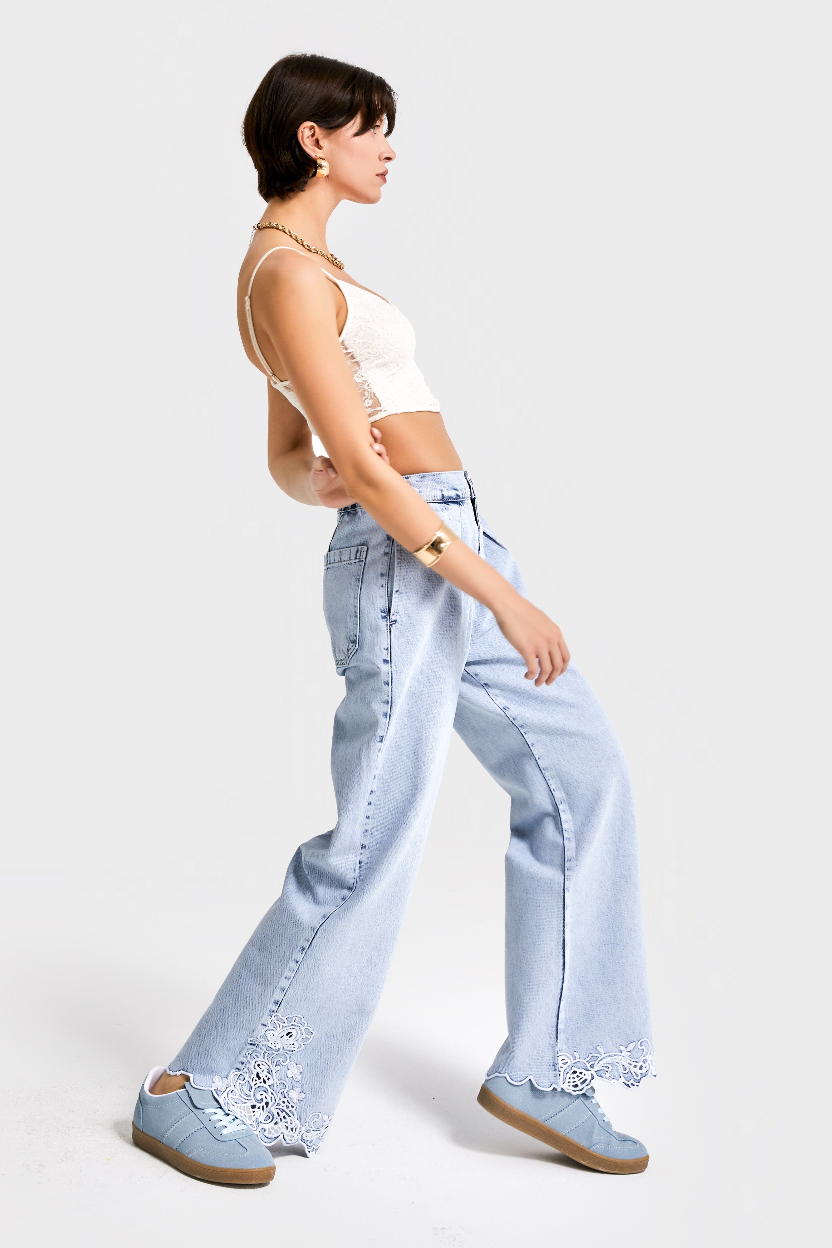 Kadın Snow Kot Rengi 3s5-3 Crop Flare Fit Paça Dantelli %100 Koton Tsarım Denim Jean
