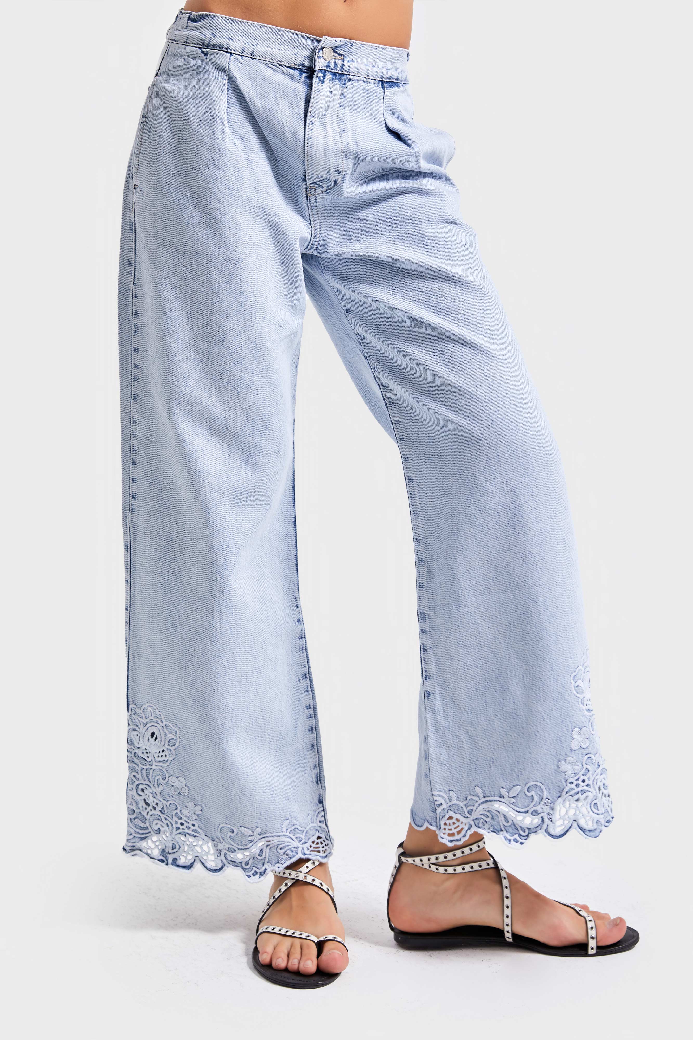 Kadın Snow Kot Rengi 3s5-3 Crop Flare Fit Paça Dantelli %100 Koton Tsarım Denim Jean