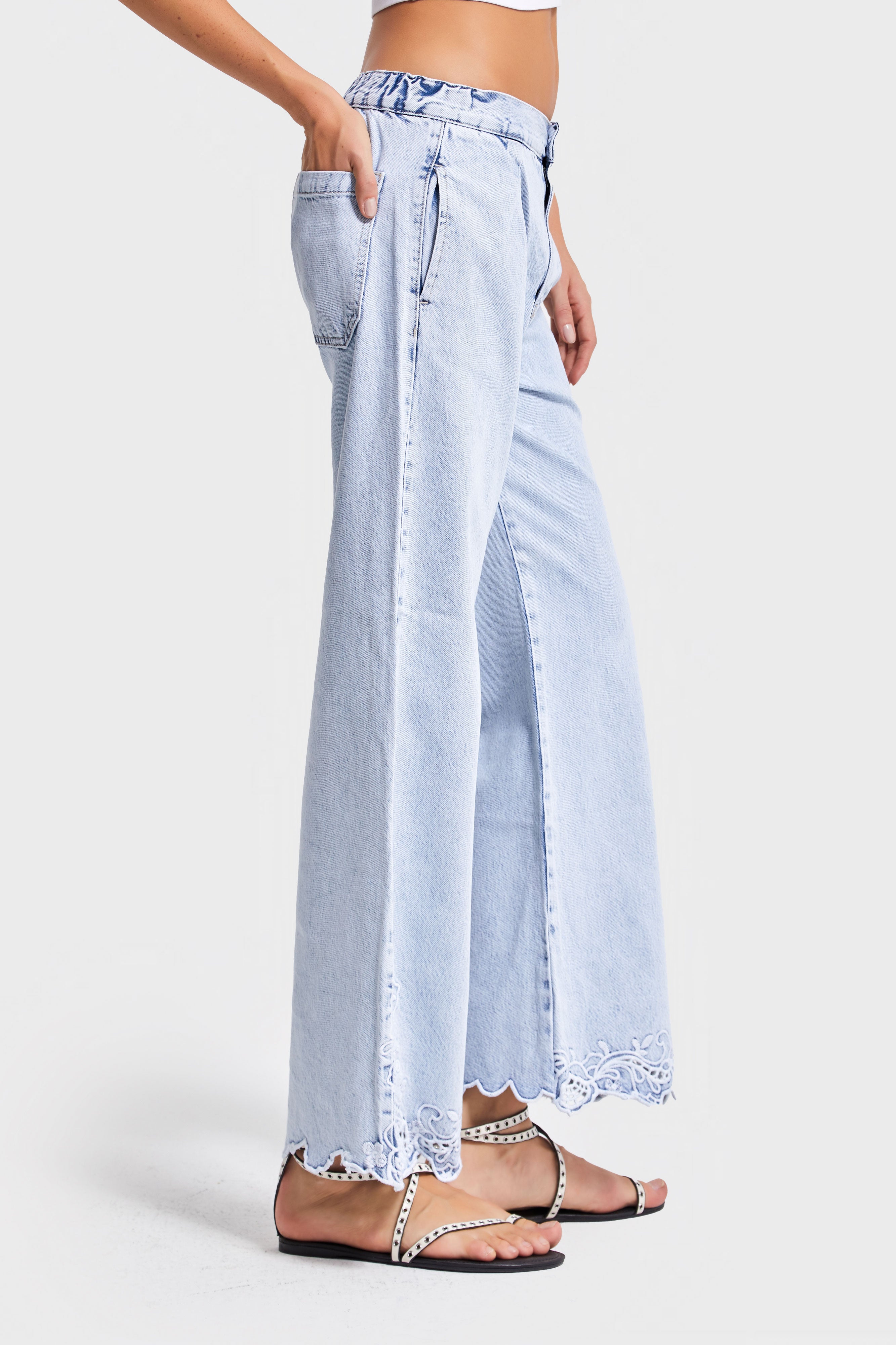 Kadın Snow Kot Rengi 3s5-3 Crop Flare Fit Paça Dantelli %100 Koton Tsarım Denim Jean