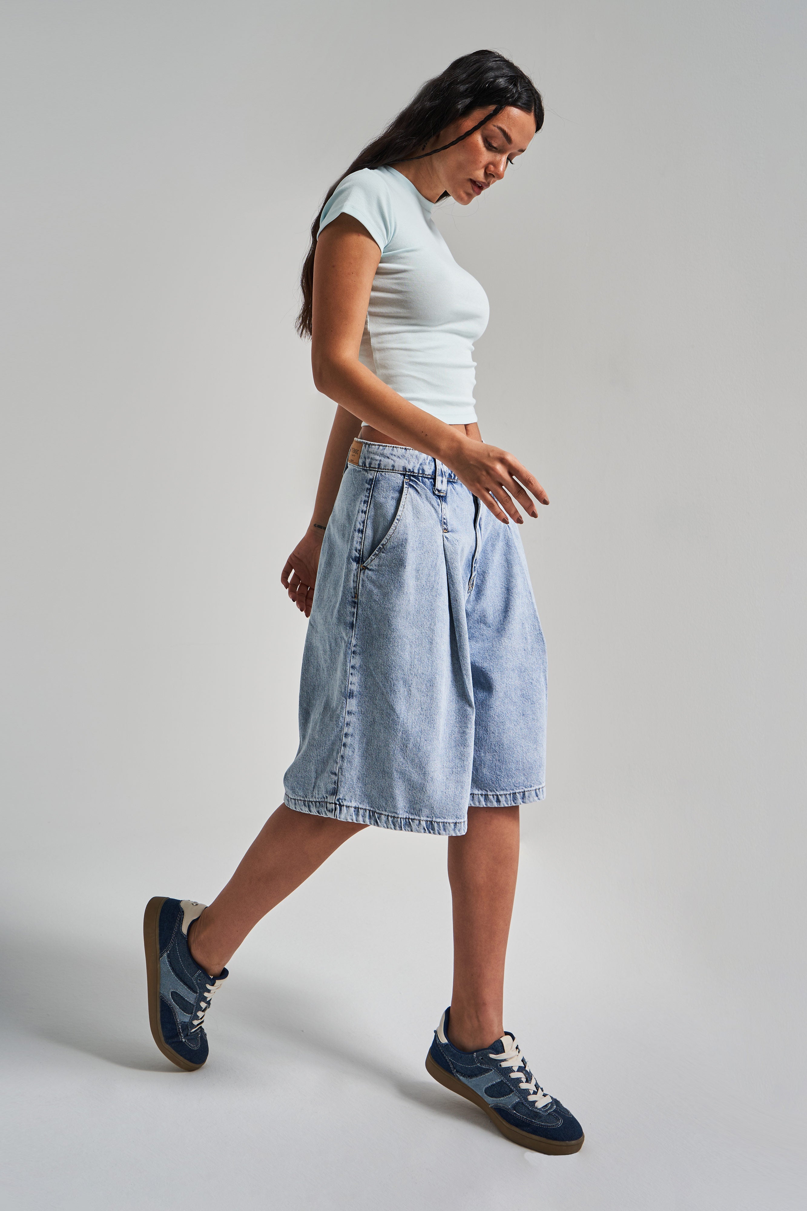Kadın Snow Kot Rengi 3s5-3 Maxi Boy Baggy Fit %100 Koton Pileli Denim Bermuda Şort