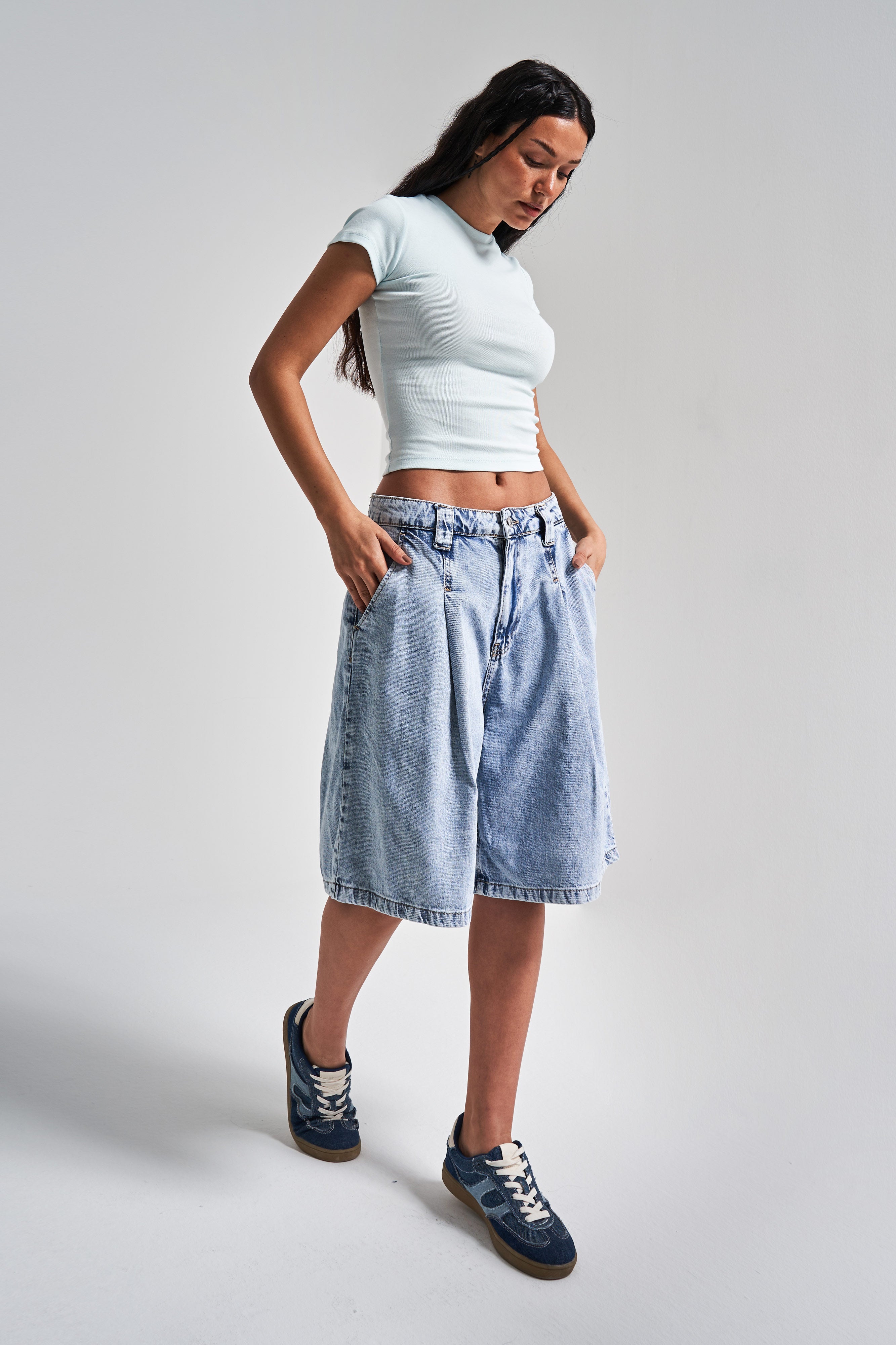 Kadın Snow Kot Rengi 3s5-3 Maxi Boy Baggy Fit %100 Koton Pileli Denim Bermuda Şort