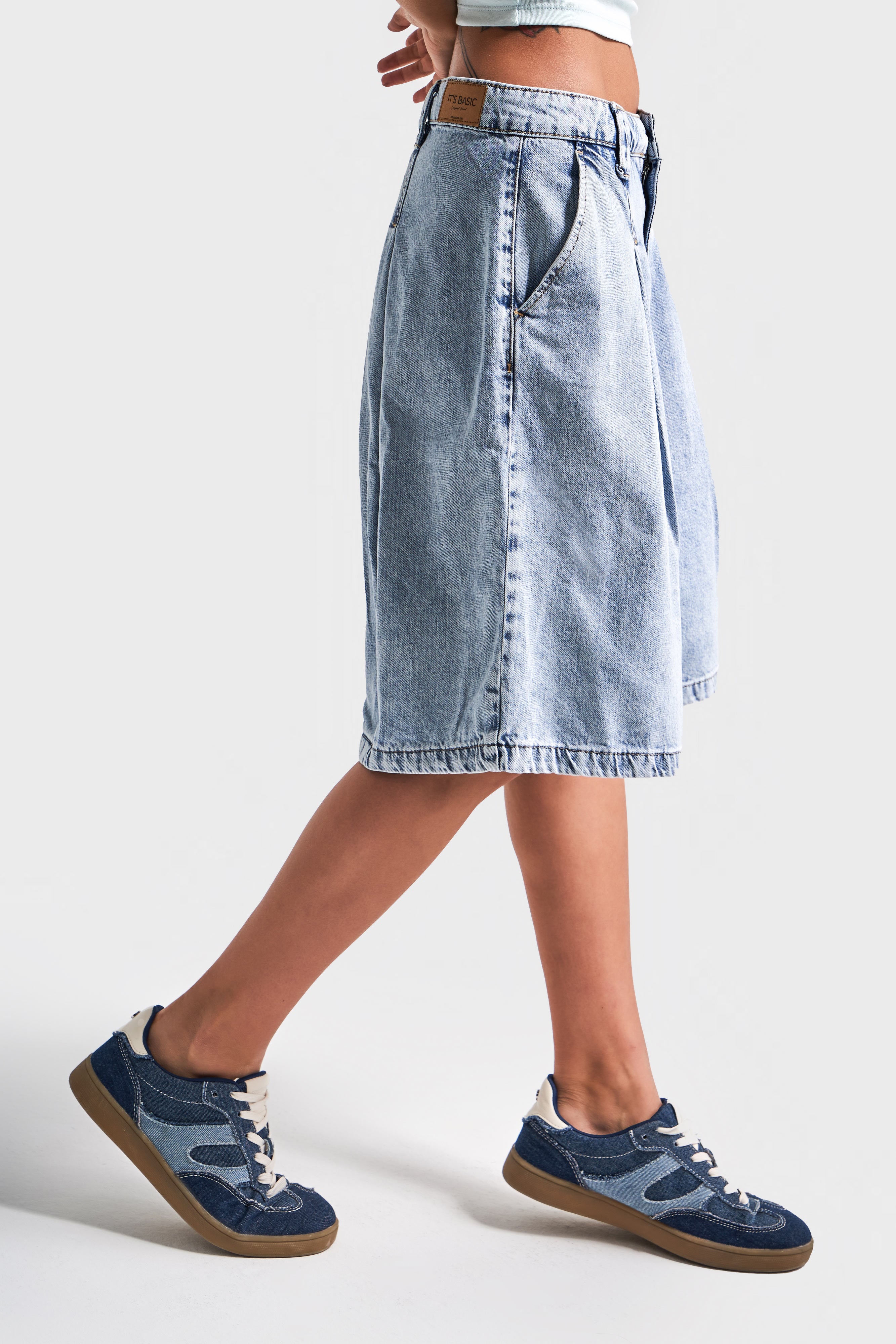 Kadın Snow Kot Rengi 3s5-3 Maxi Boy Baggy Fit %100 Koton Pileli Denim Bermuda Şort