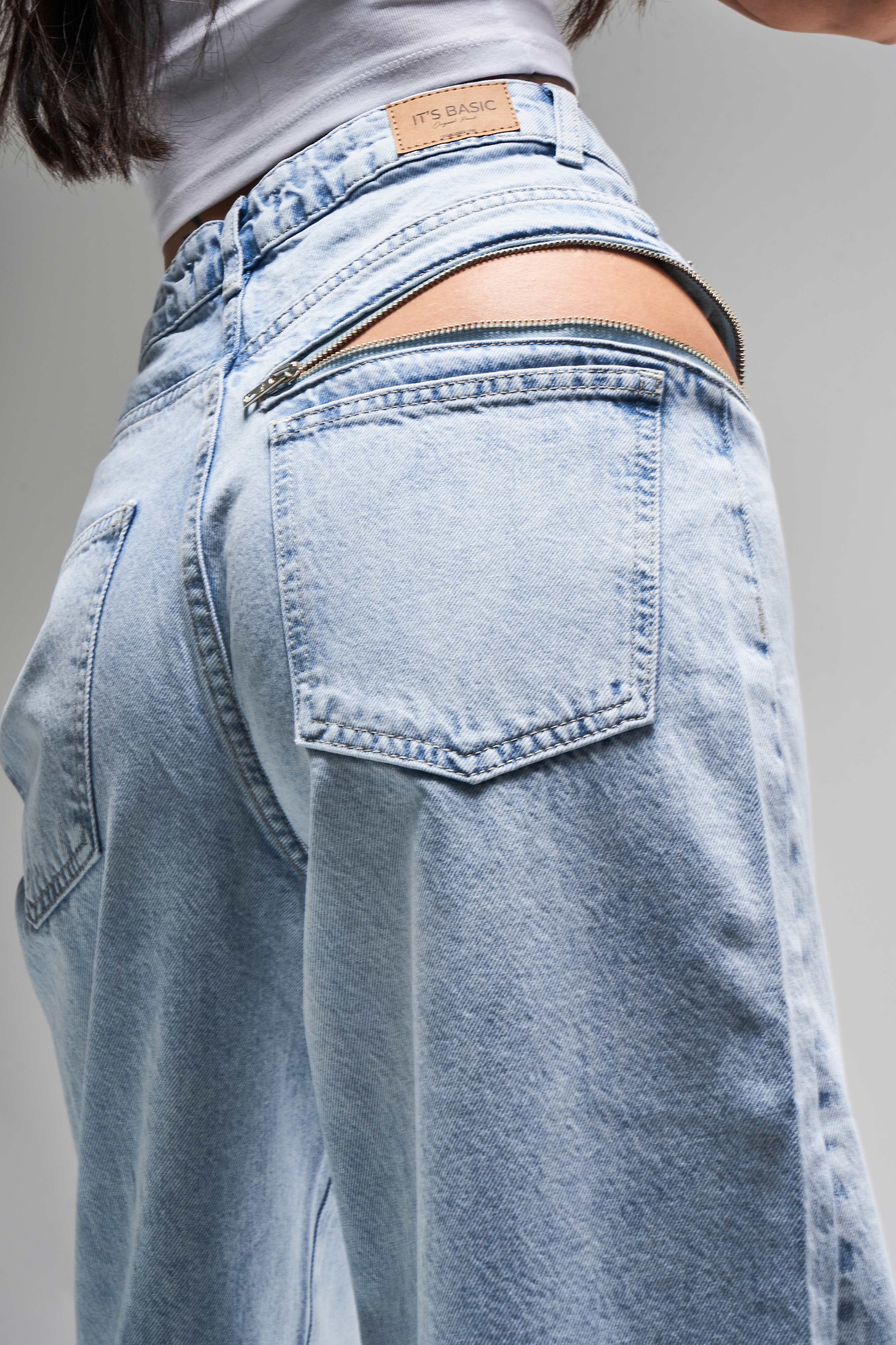 Kadın Snow Kot Rengi 4S5-3 Palazzo Fit Bol Kesim %100 Koton Fermuar Detaylı Tasarım Denim Jean