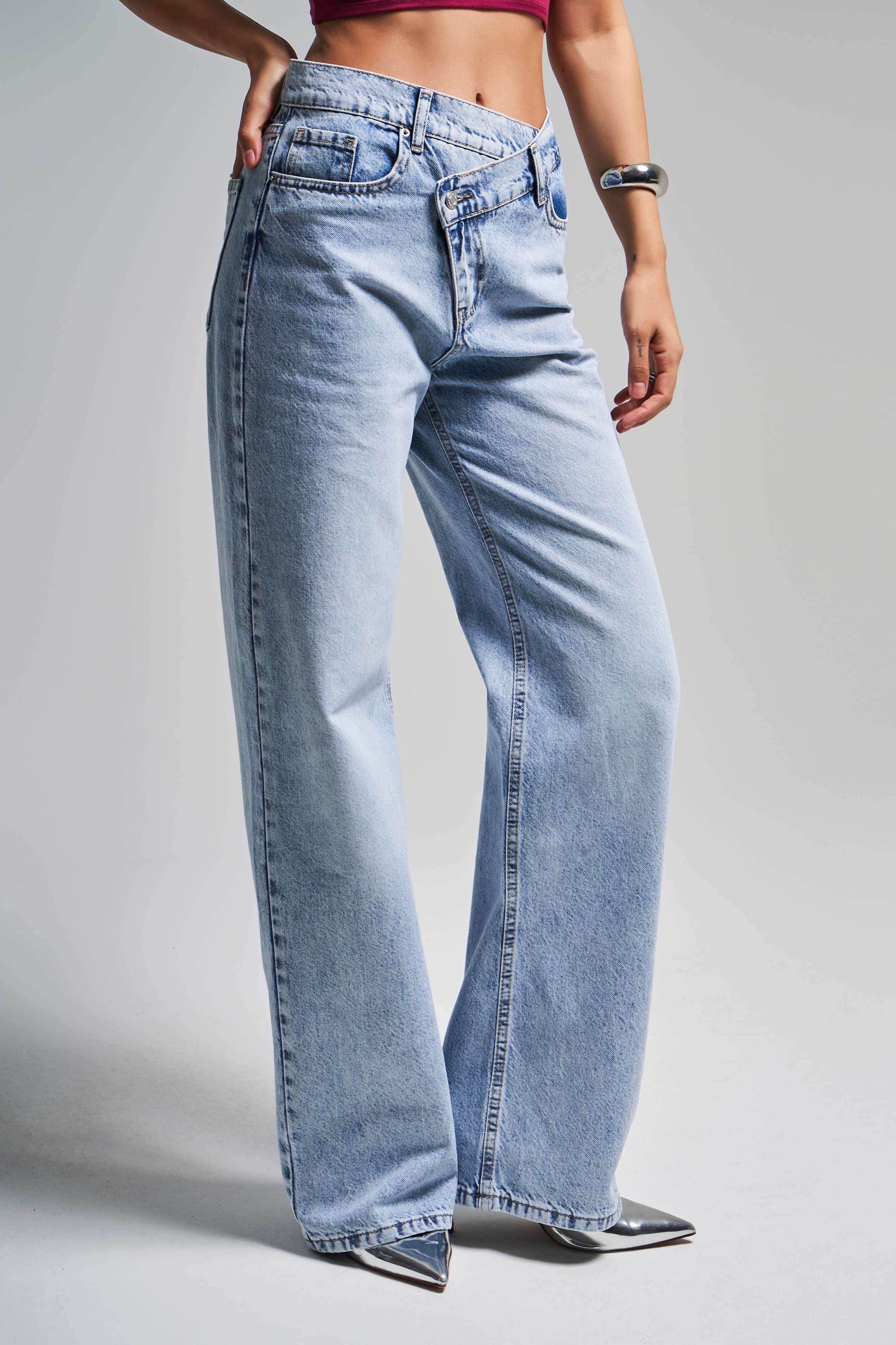 Kadın Snow Kot Rengi 4s5-3 Straight Fit Yüksek Bel Kemer Detaylı Tasarım Denim Jean