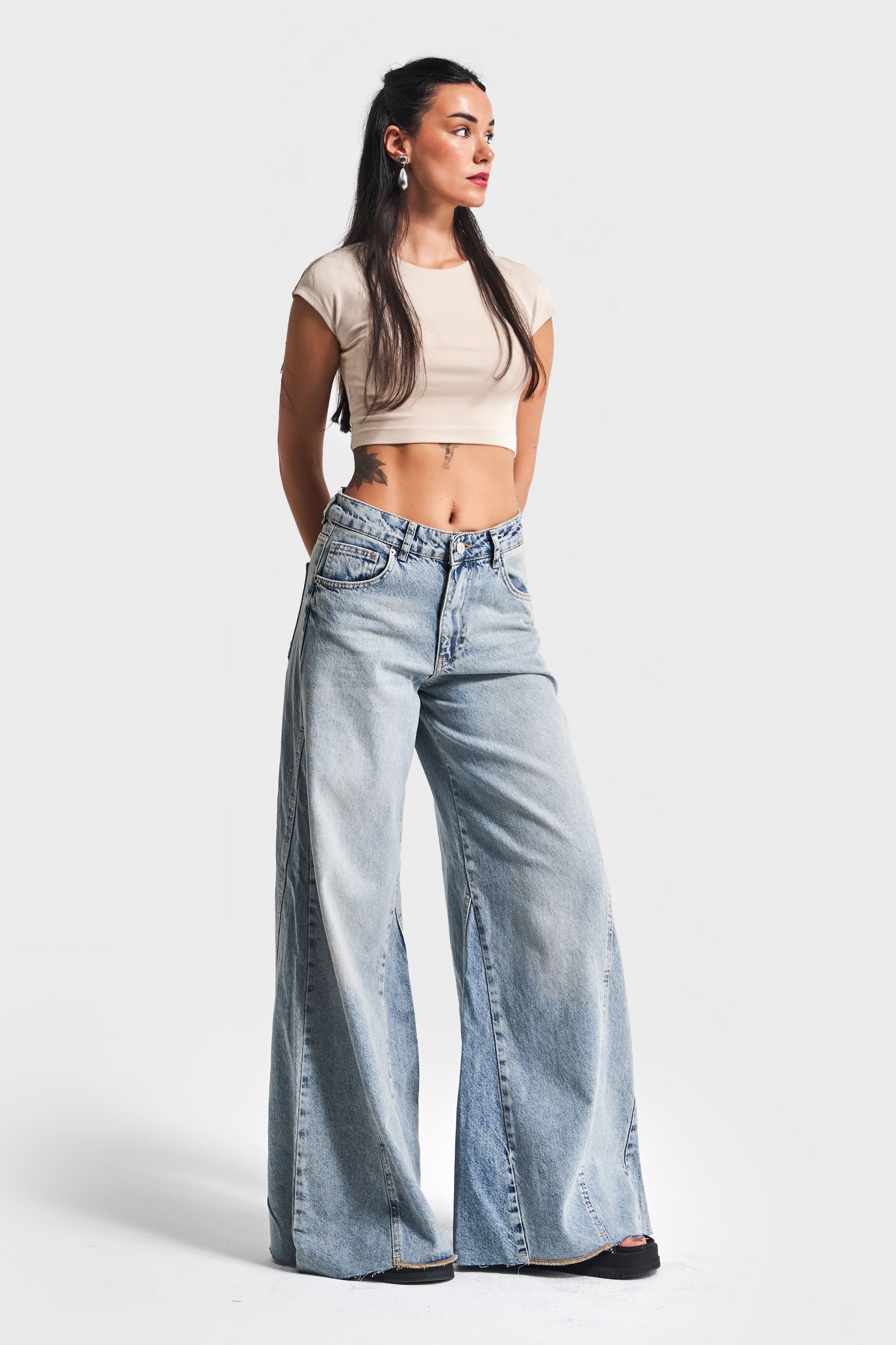 Kadın Snow Kot Rengi 4S5-32 Süper Palazzo Fit %100 Koton Denim Jean