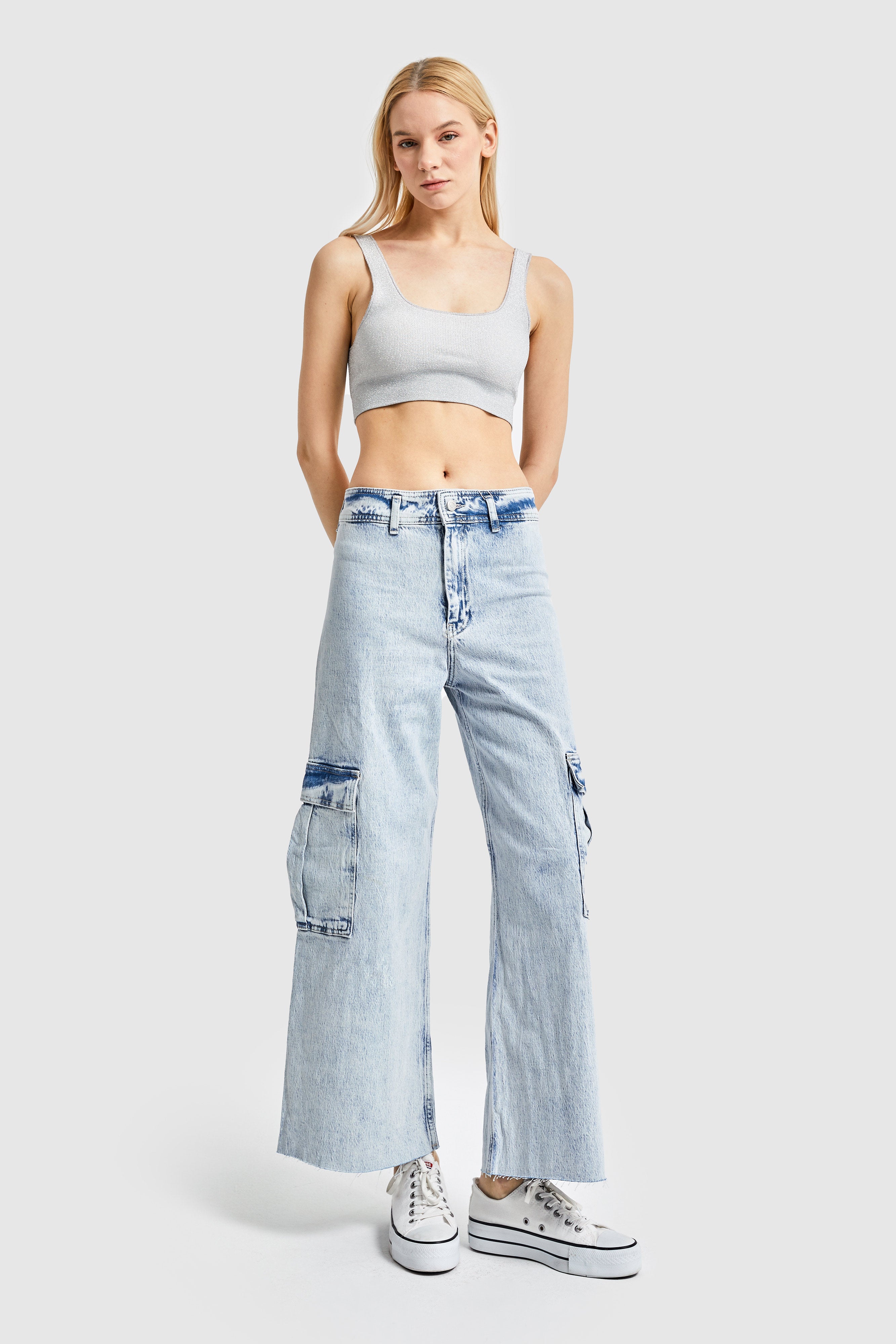 Women Snow Jeans Color Culotte Cargo Fit Denim Pants