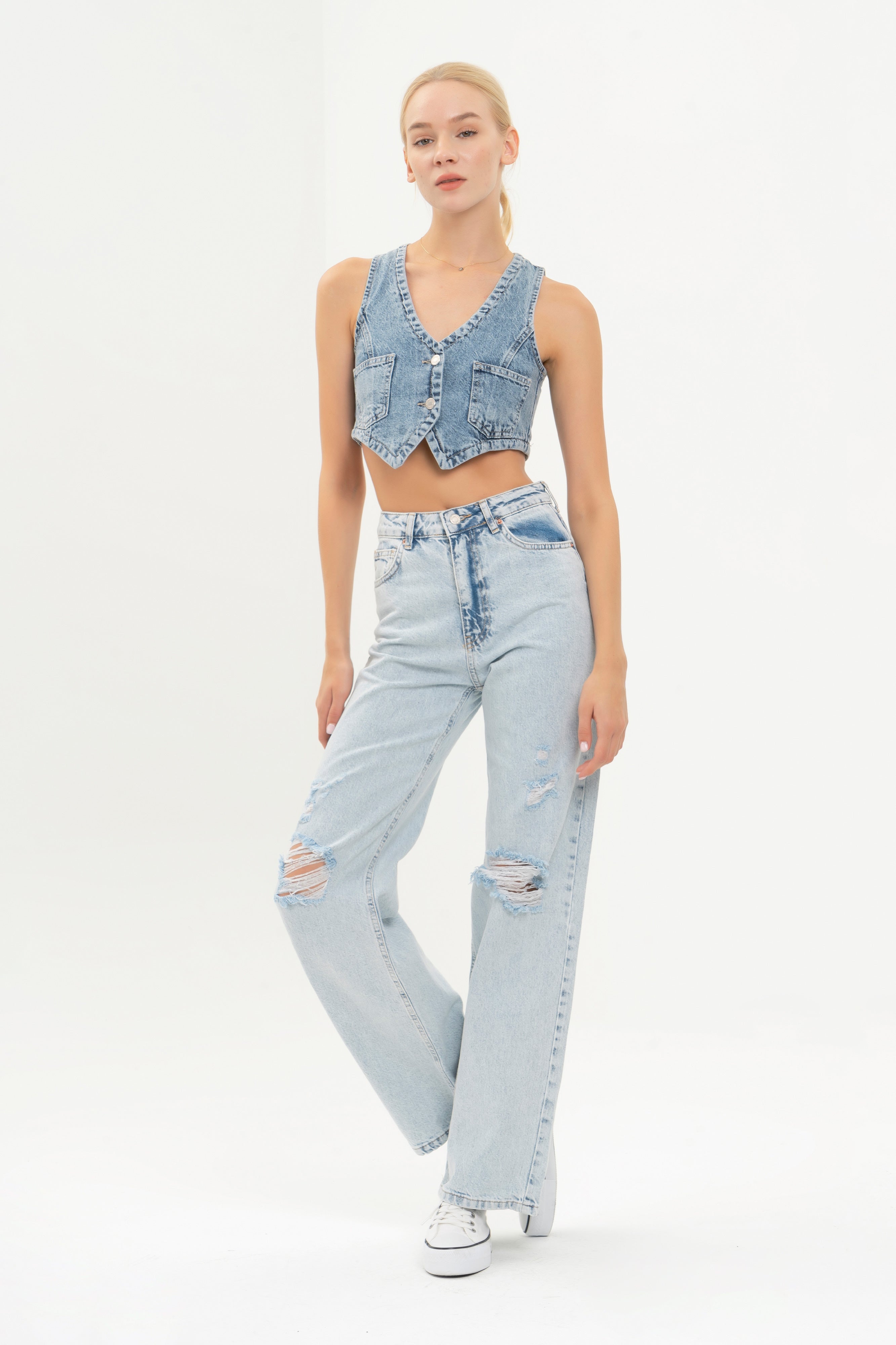 Women's Snow Jeans Color Ripped From The Knee 100% Cotton Wide Leg Fit Denim