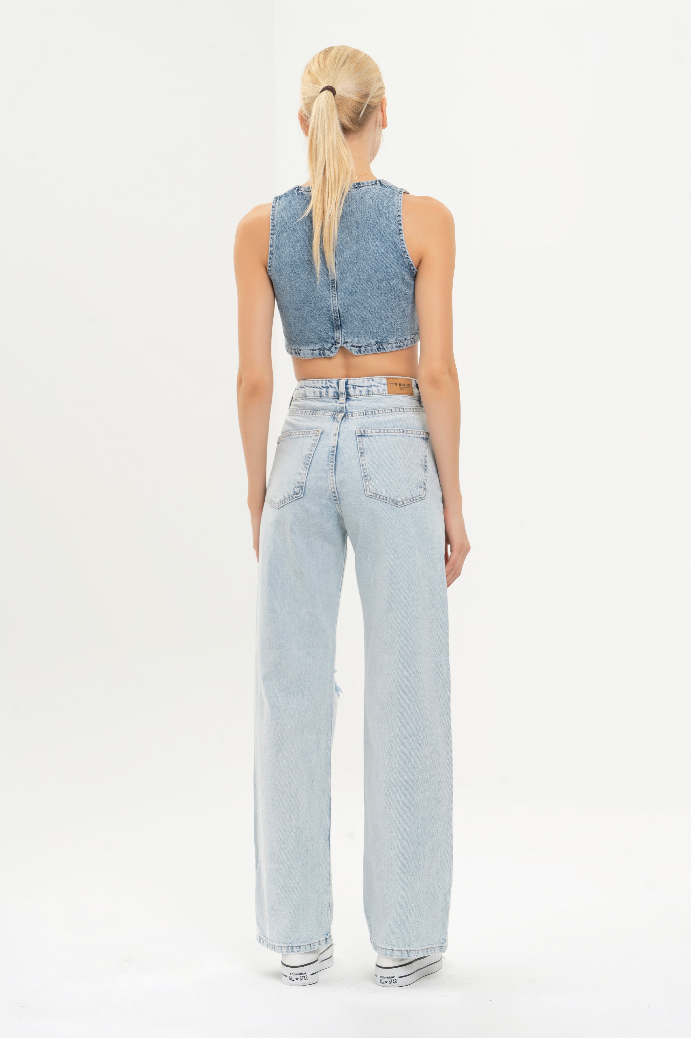 Women's Snow Jeans Color Ripped From The Knee 100% Cotton Wide Leg Fit Denim
