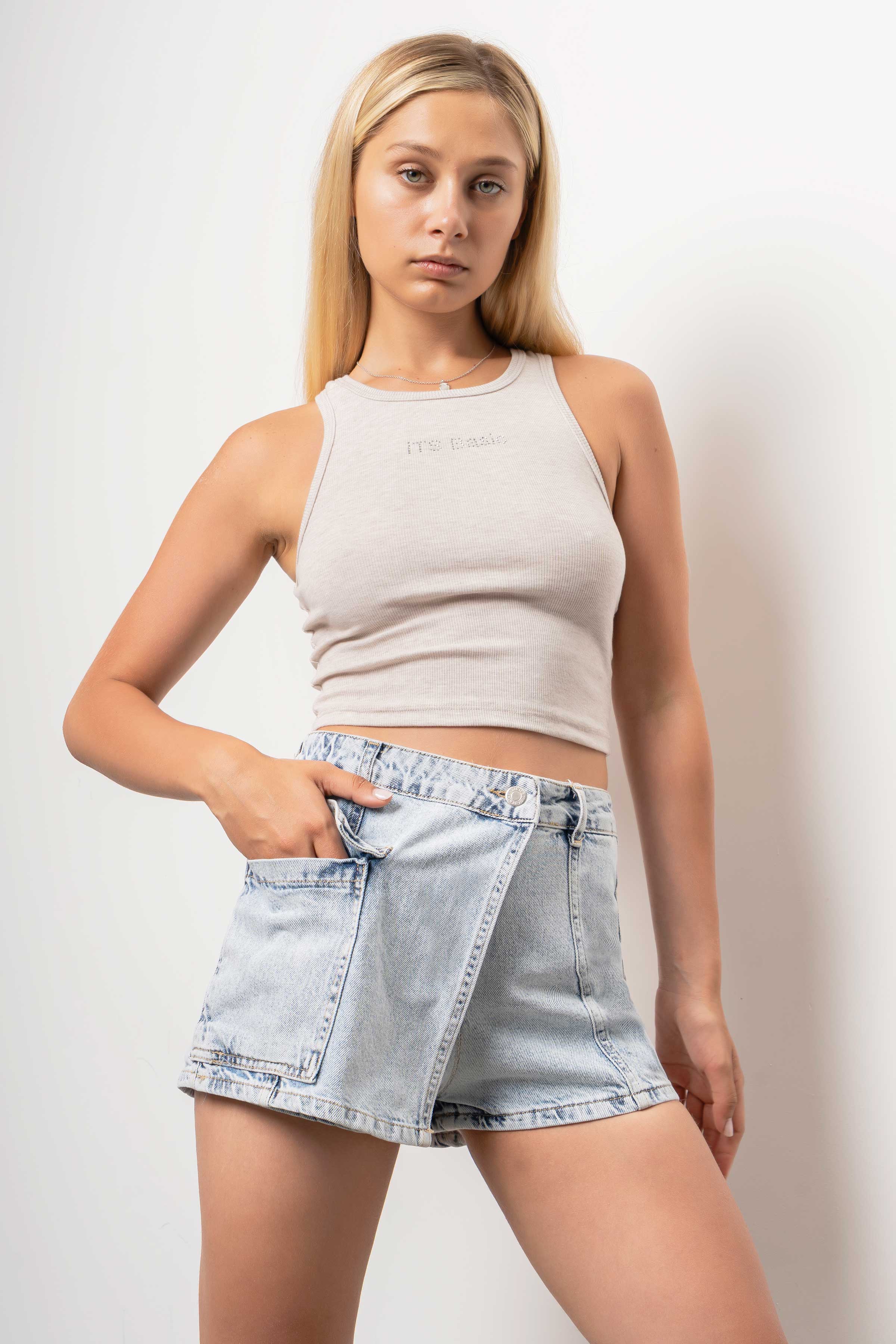 Women Snow Jeans Color Cargo Pocket Denim Shorts Skirt