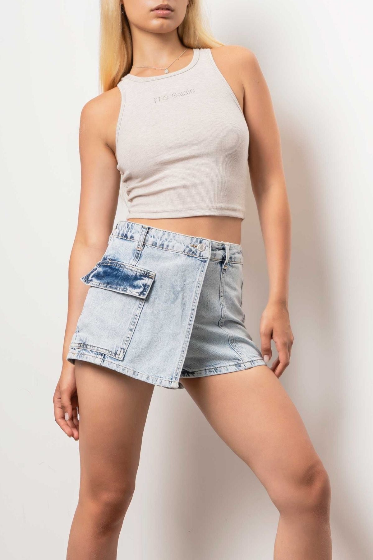 Women Snow Jeans Color Cargo Pocket Denim Shorts Skirt