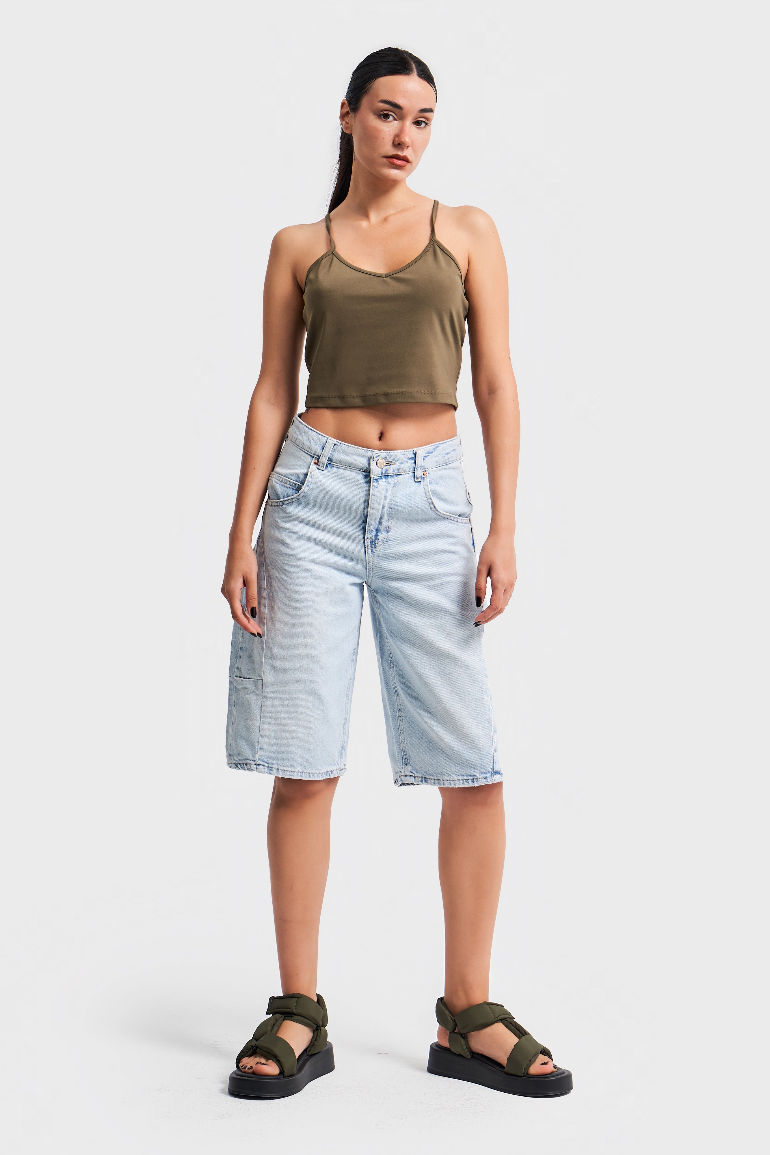 Kadın Snow Kot Rengi Midi Boy Barrel Fit Denim Şort