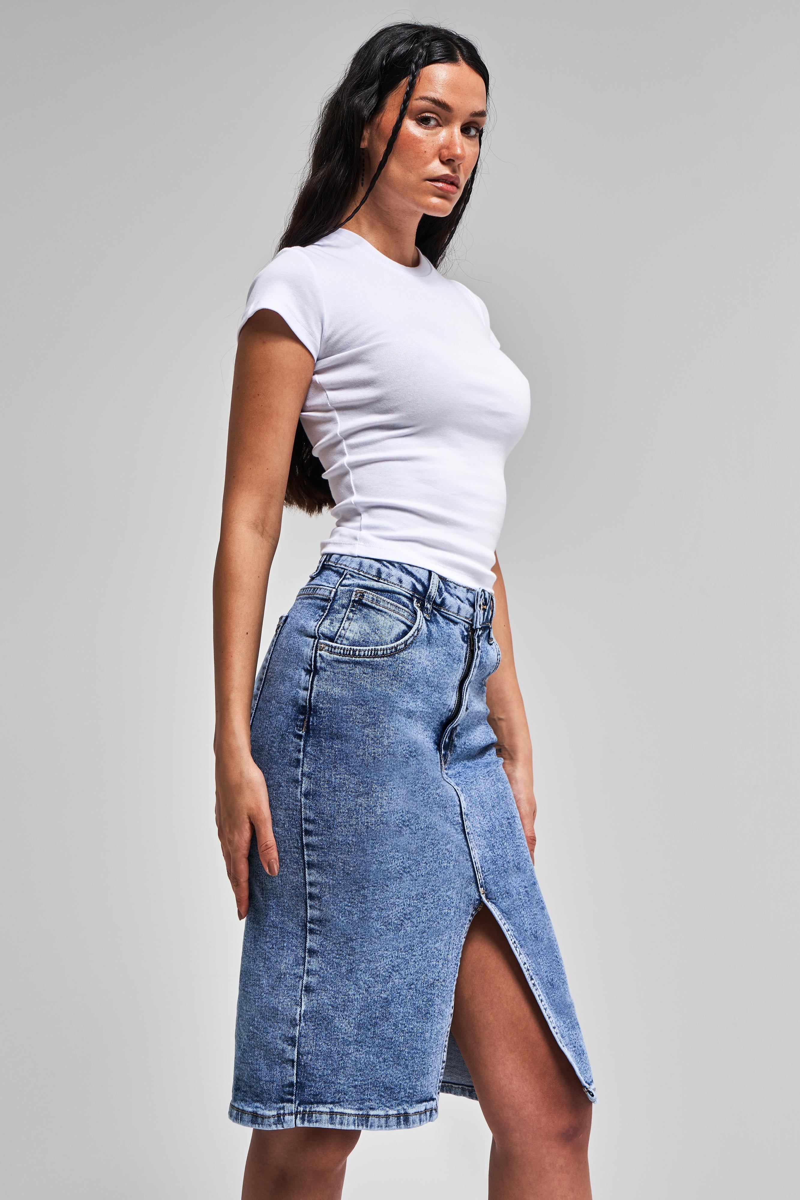 Women Snow Denim Color Midi Length High Waist Slit Jean Skirt