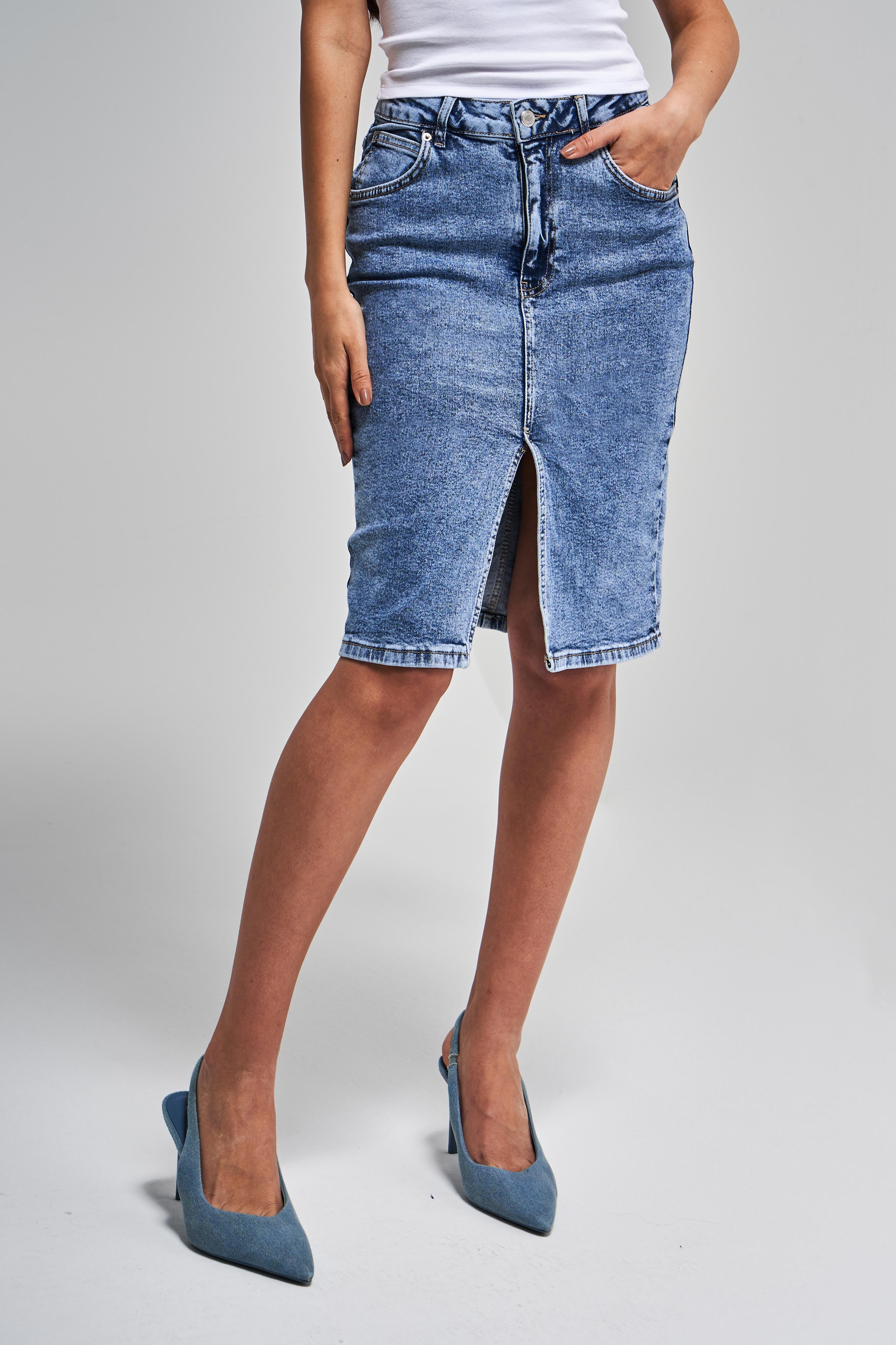 Women Snow Denim Color Midi Length High Waist Slit Jean Skirt