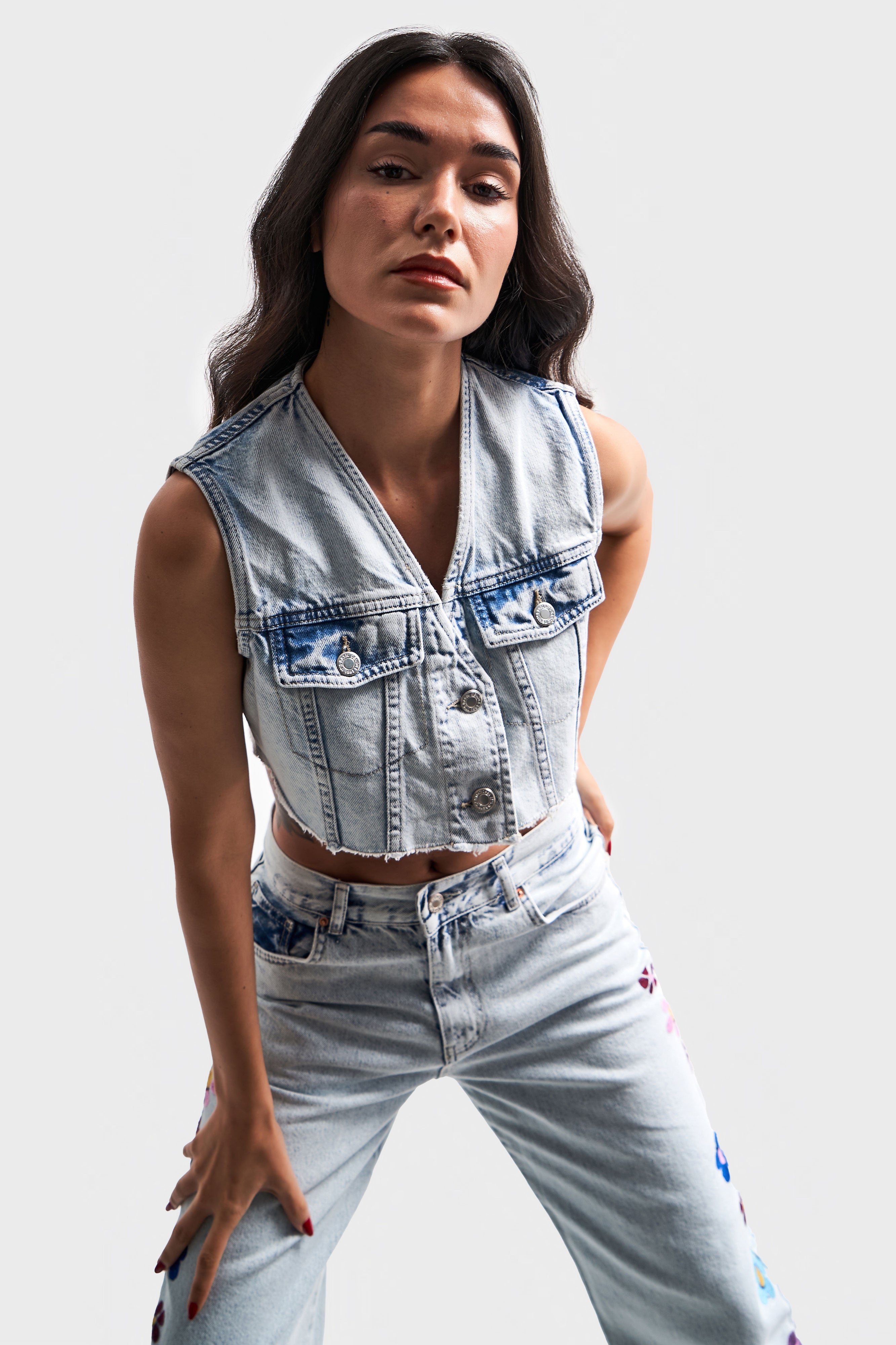 Women's Snow Denim Color Front Button Crop Denim Vest
