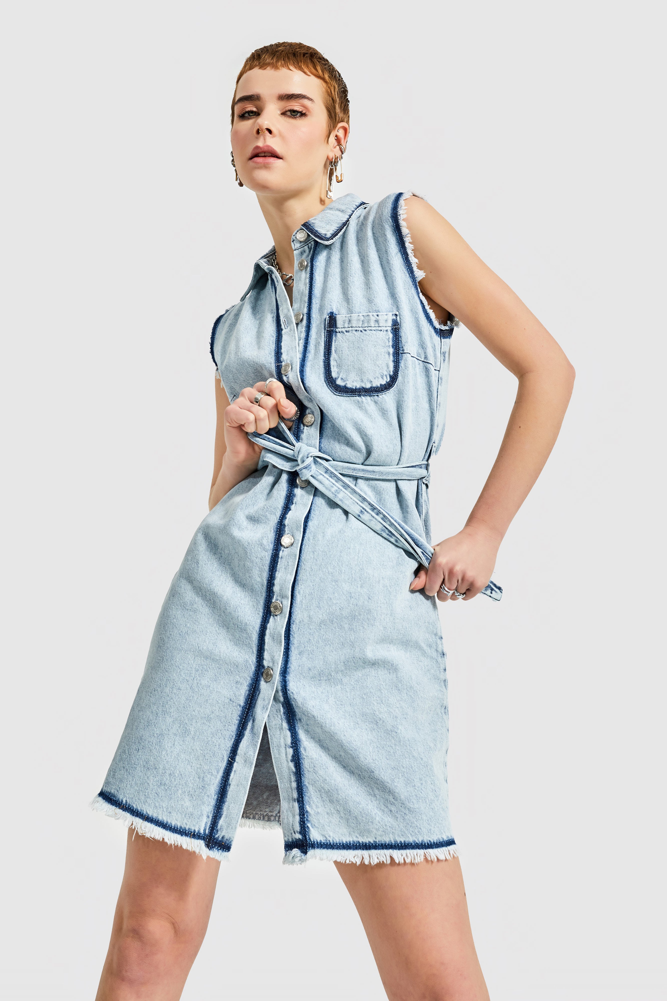 Kadın Snow Kot Rengi Özel Denim Kumaş Kemerli Mini Denim Elbise