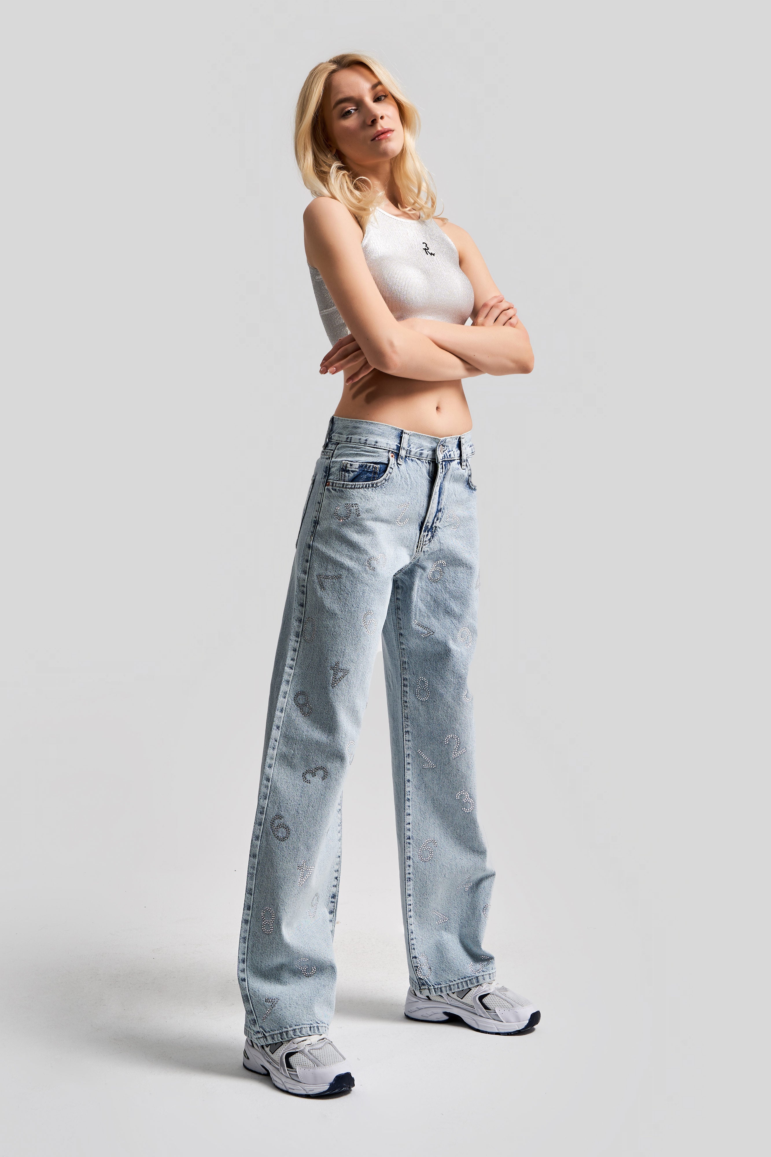 Women's Snow Jeans Color Shiny Stone Letter Detail Loose Fit Denim