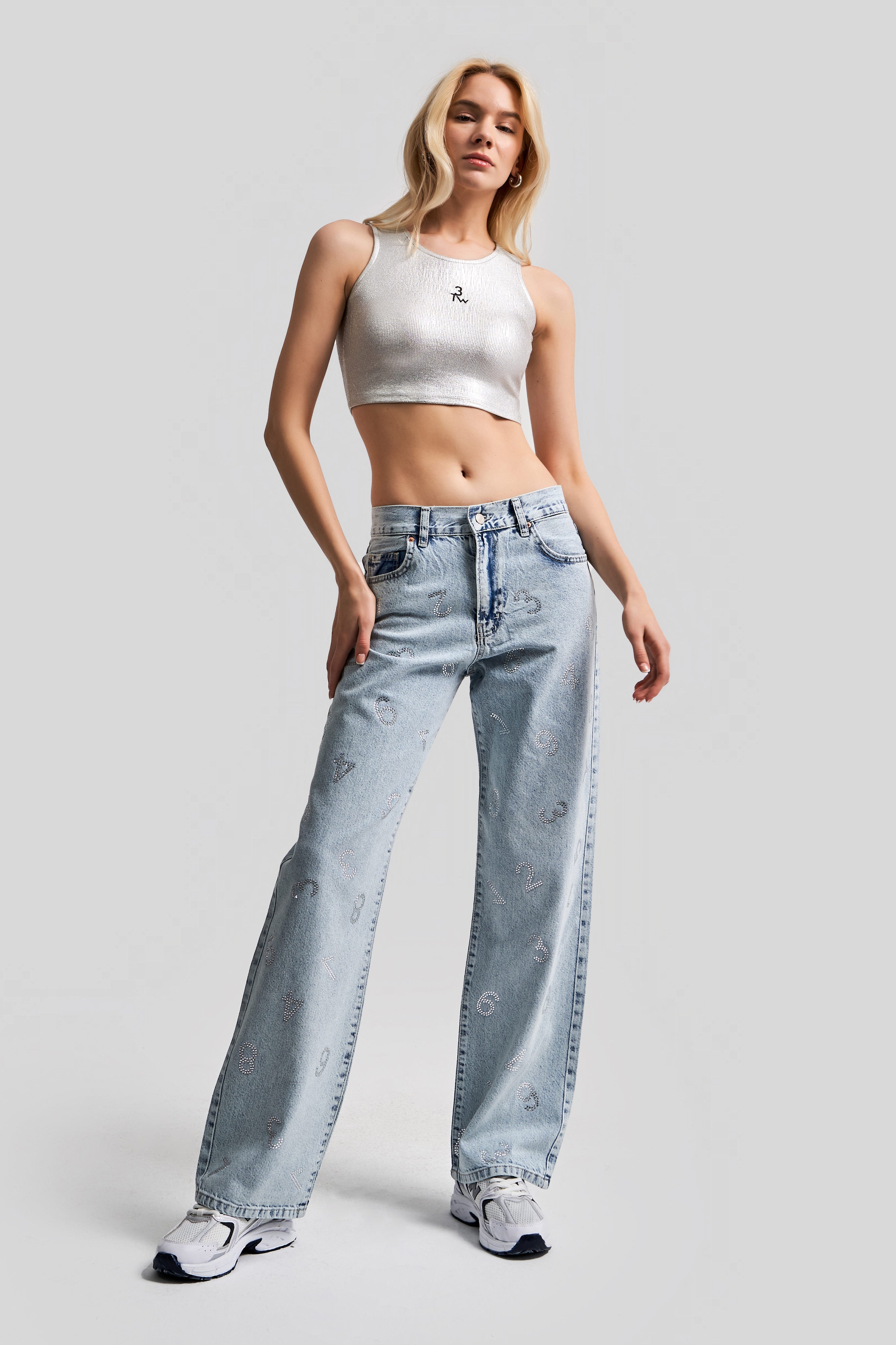 Women's Snow Jeans Color Shiny Stone Letter Detail Loose Fit Denim