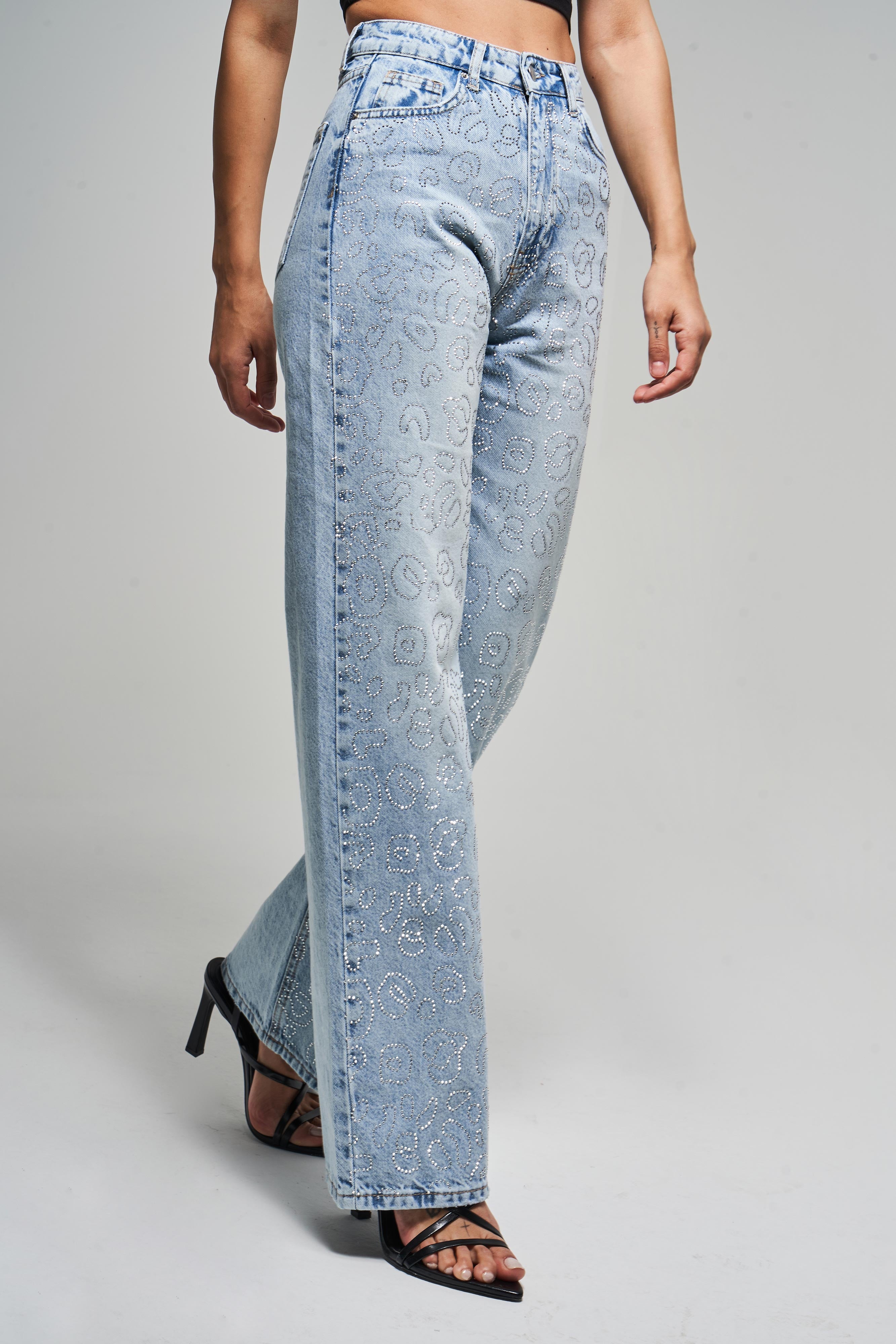 Kadın Snow Kot Rengi T-4S5-3 Straight Fit Yüksek Bel %100 Koton Parlak Taşlı Tasarım Denim