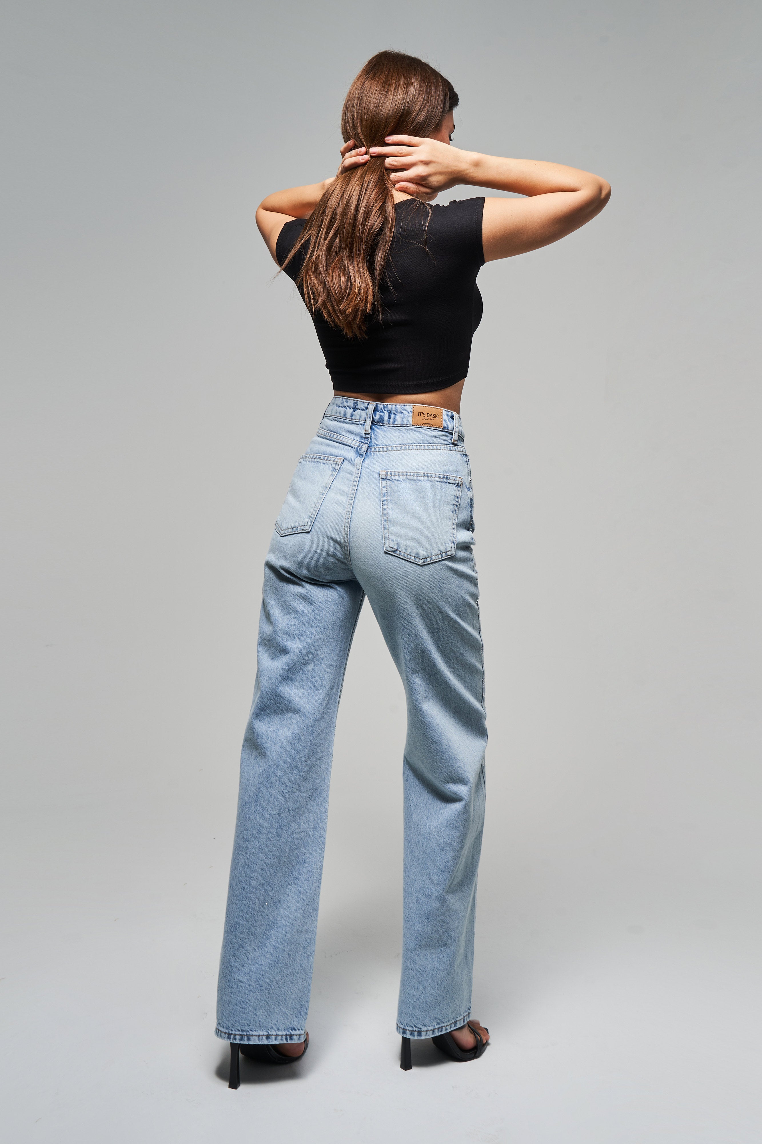 Kadın Snow Kot Rengi T-4S5-3 Straight Fit Yüksek Bel %100 Koton Parlak Taşlı Tasarım Denim