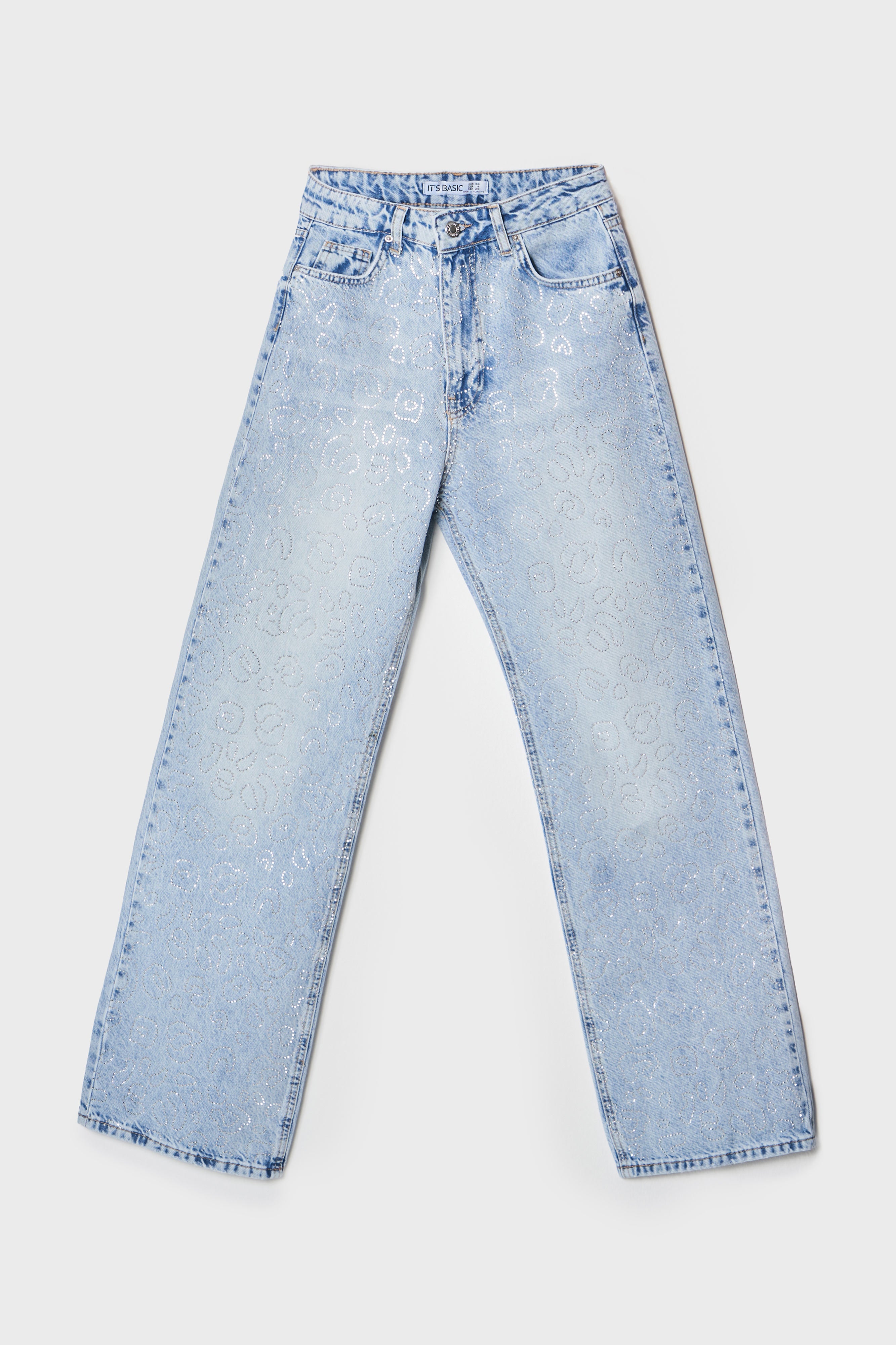 Kadın Snow Kot Rengi T-4S5-3 Straight Fit Yüksek Bel %100 Koton Parlak Taşlı Tasarım Denim