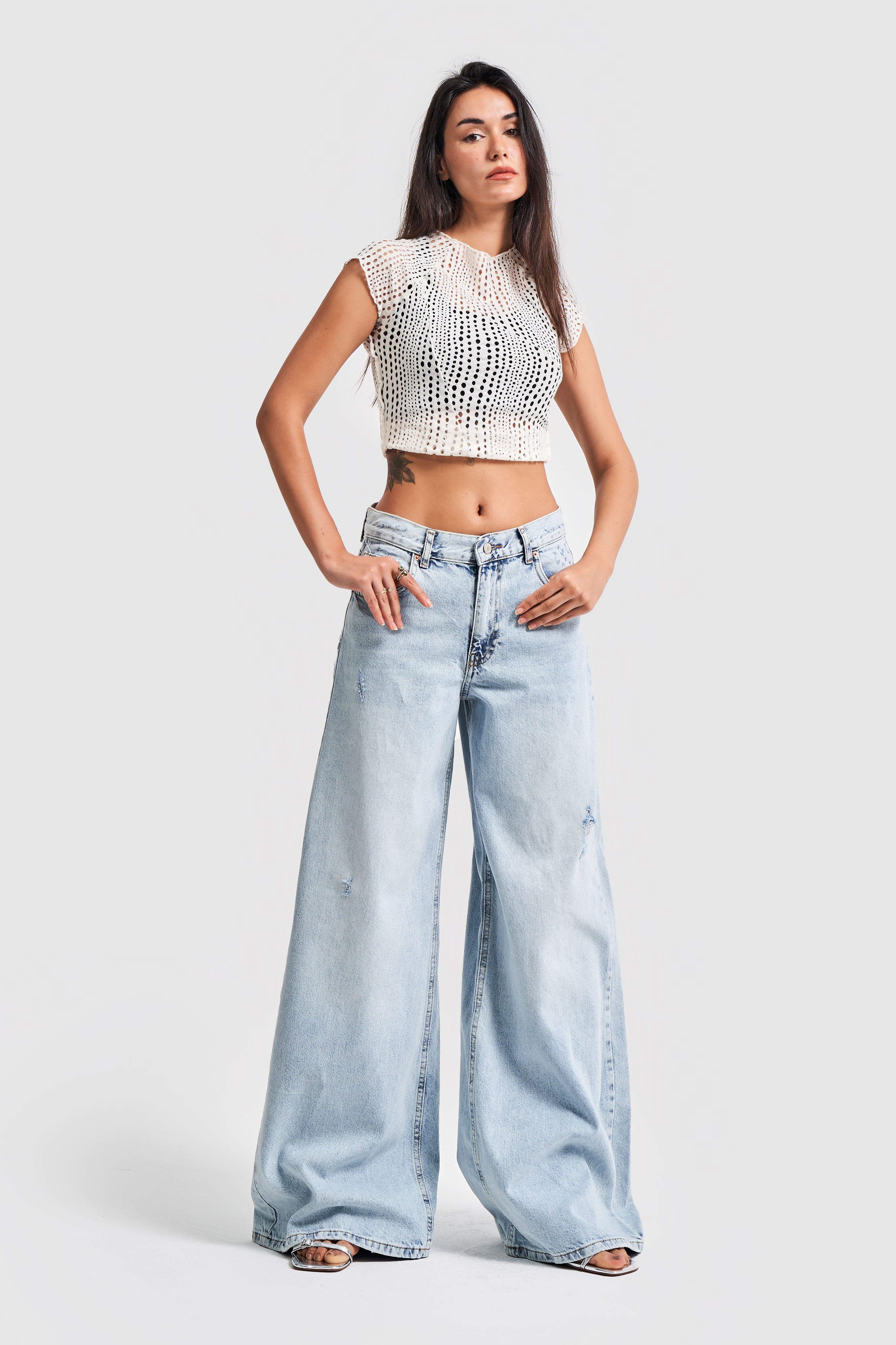 Women's Snow Jeans Color Ripped Detail Palazzo Loose Denim