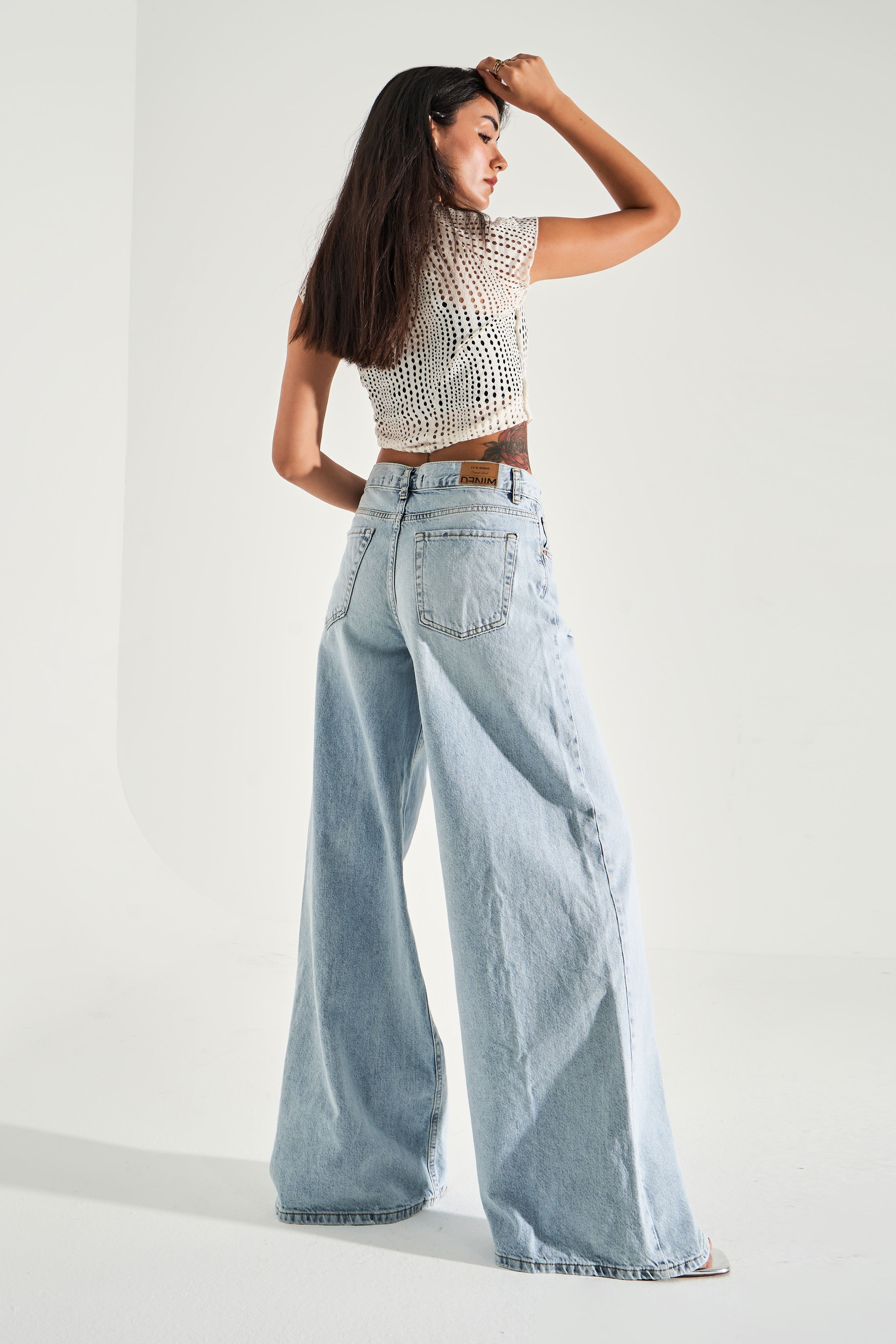 Women's Snow Jeans Color Ripped Detail Palazzo Loose Denim