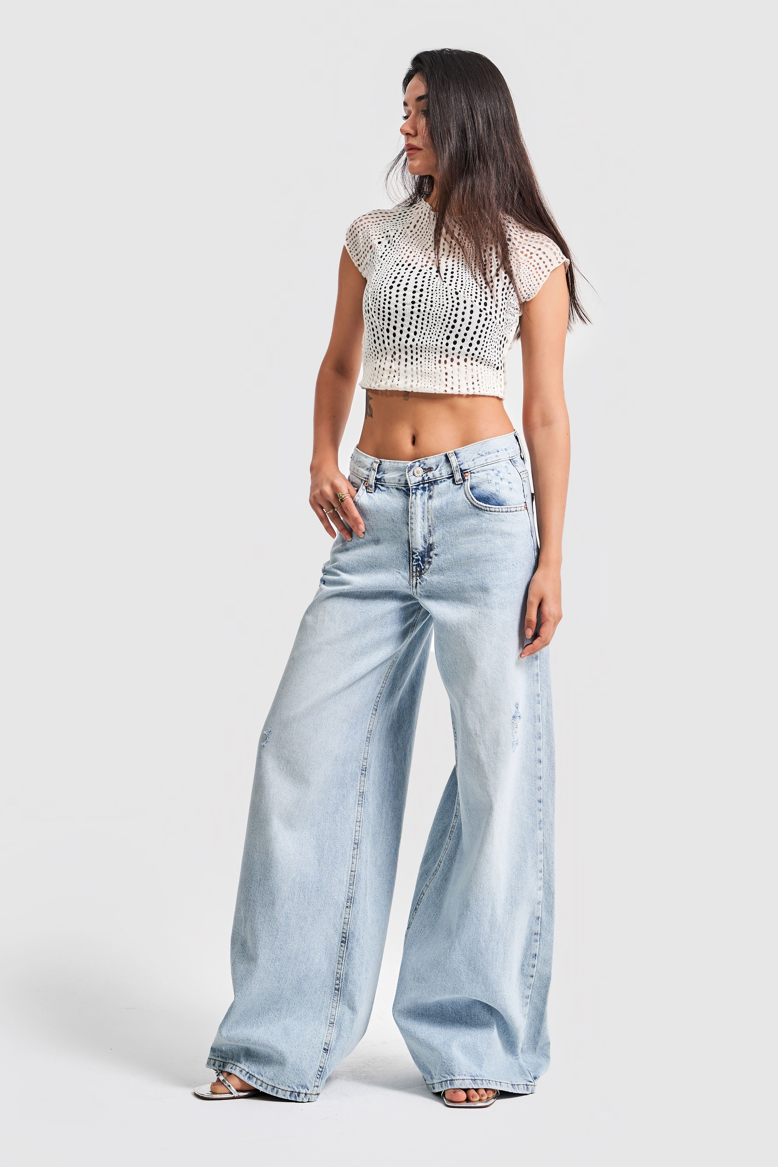 Women's Snow Jeans Color Ripped Detail Palazzo Loose Denim