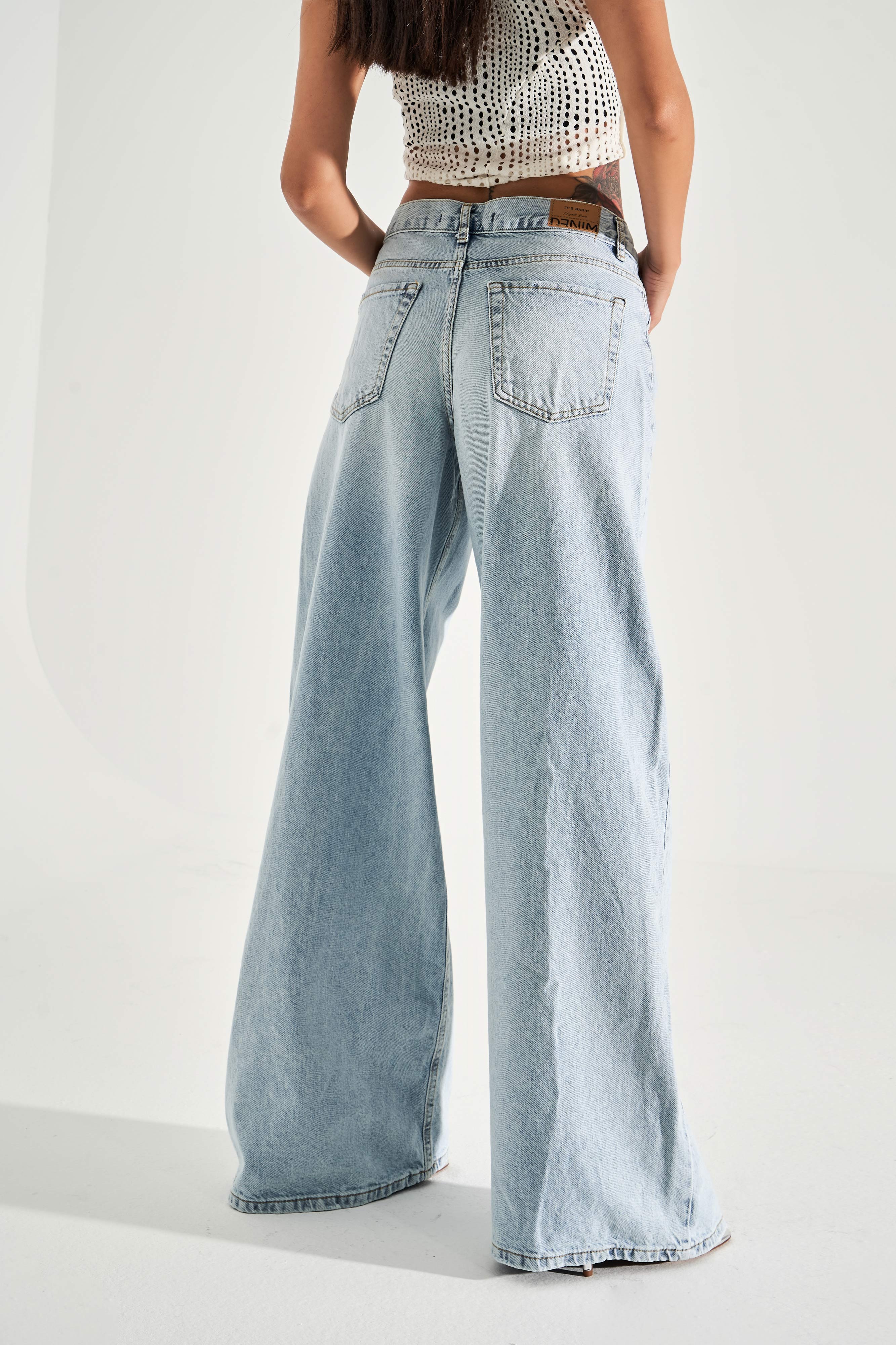 Women's Snow Jeans Color Ripped Detail Palazzo Loose Denim