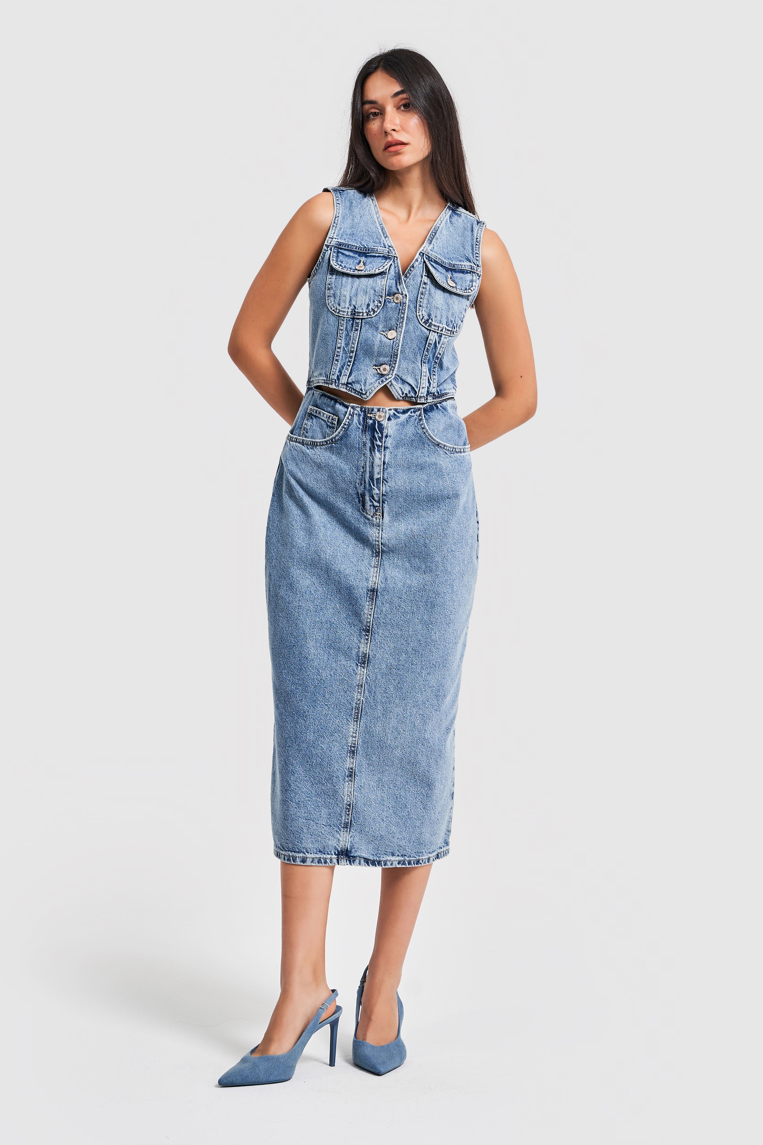 Kadın Snow Kot Rengi Yırtmaç Detaylı Denim Elbise