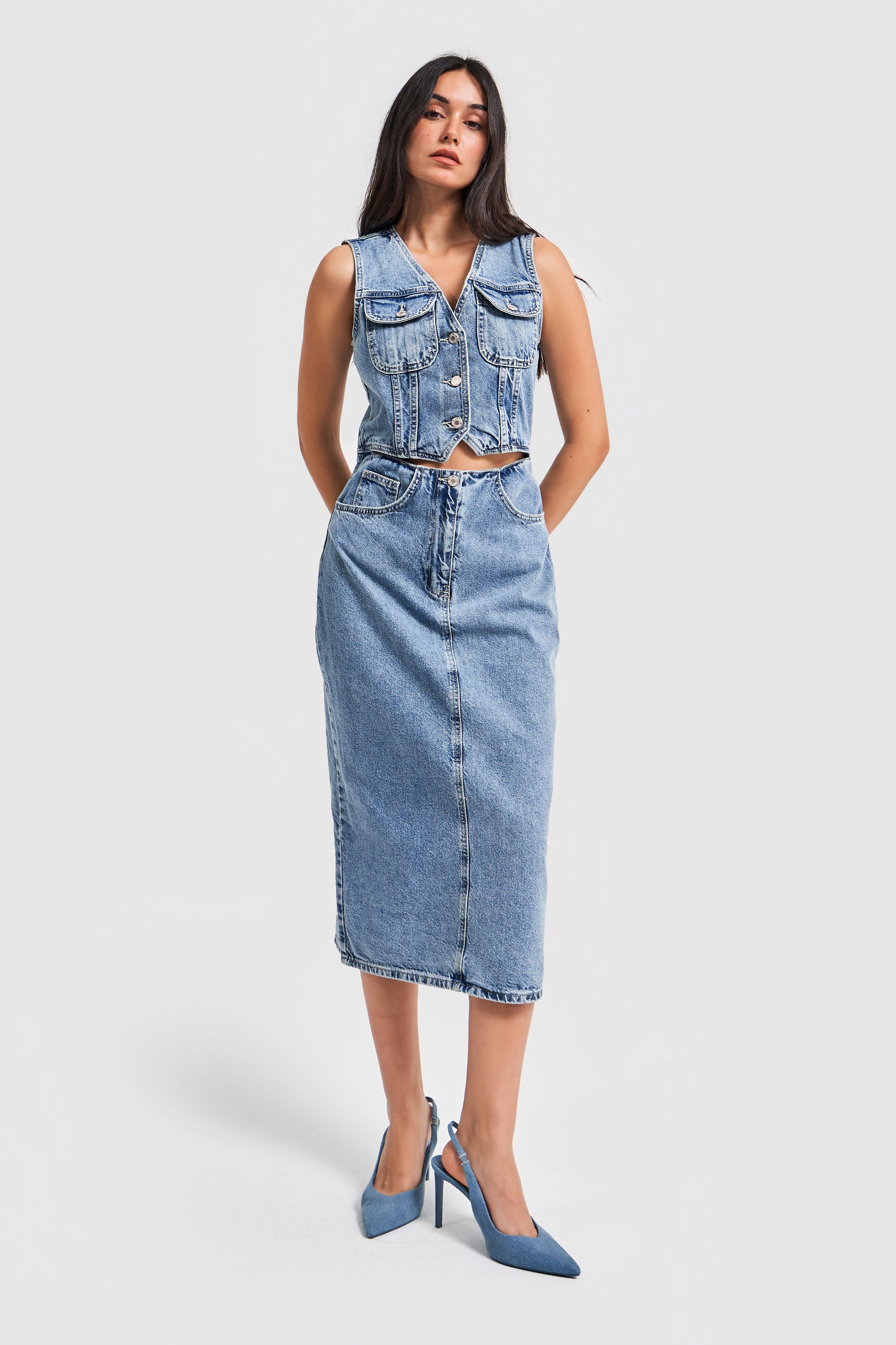 Kadın Snow Kot Rengi Yırtmaç Detaylı Denim Elbise