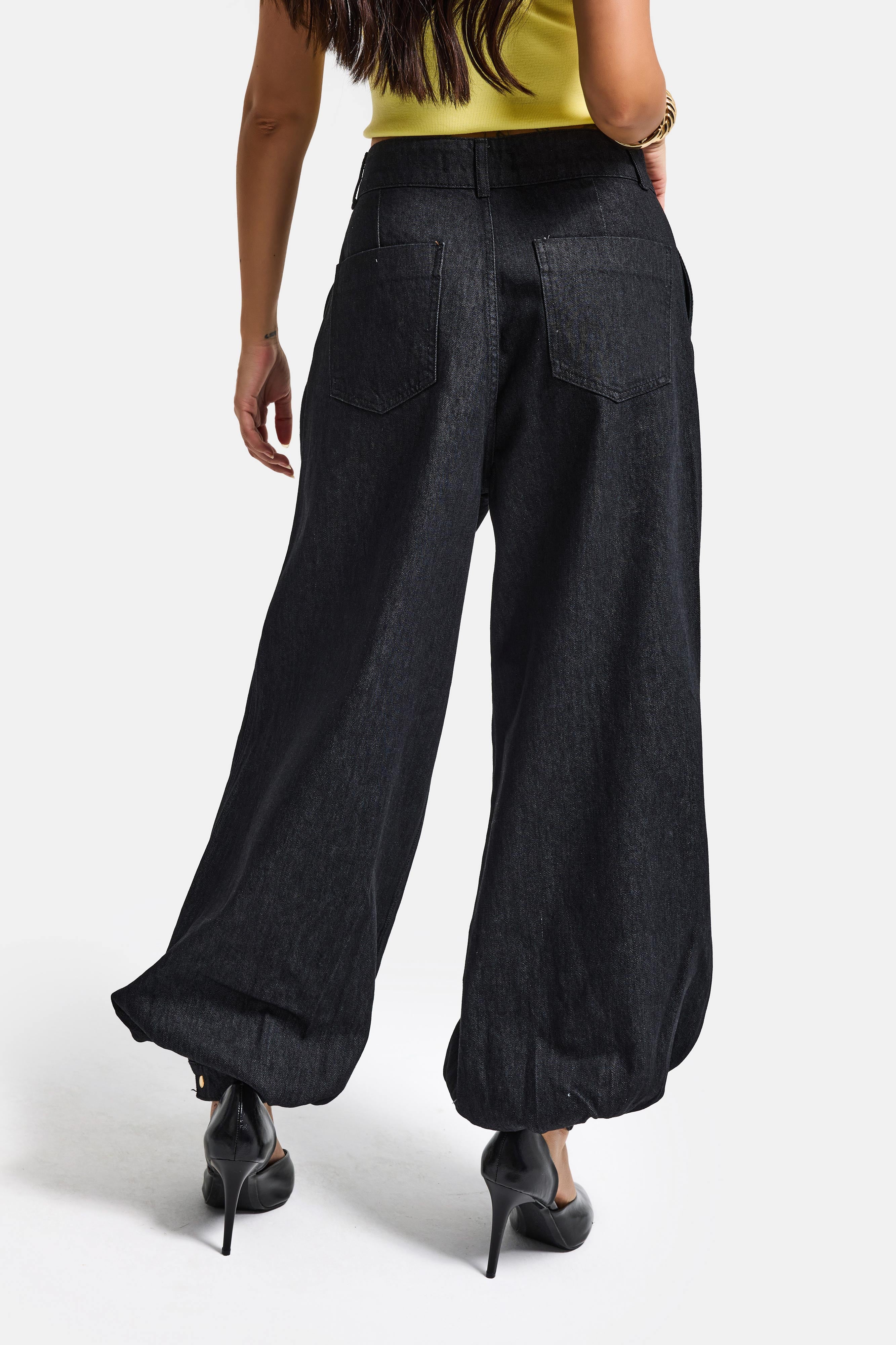 Kadın Su Yıkama Siyah 7s6-51 Jogger Fit Paça Detaylı Özel Tasarım Denim Jean