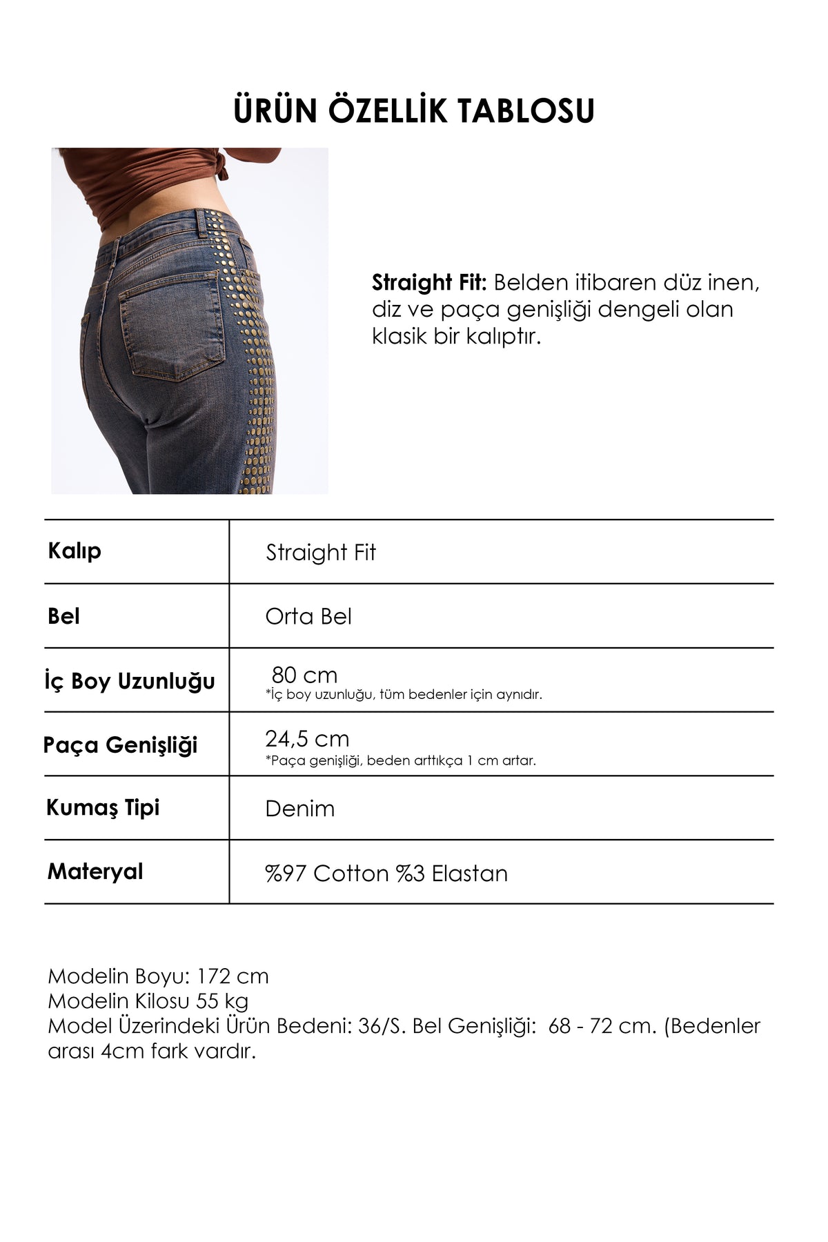 Kadın T-2w6-10 Straight Fit Esnek Kumaş Yapıştırma Taş Detaylı Tasarım Denim Jean