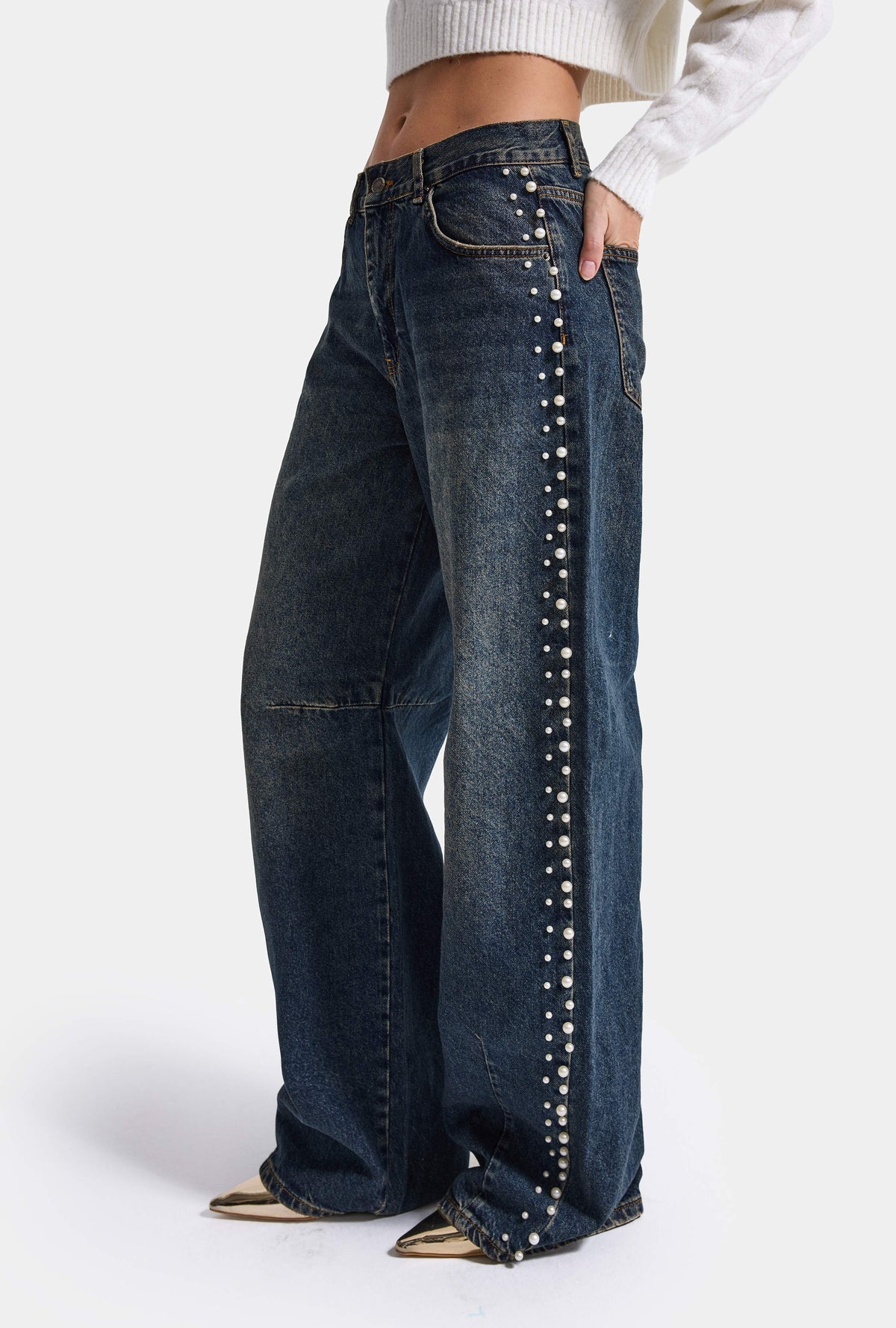 Kadın T-2w6-8 Baggy Fit İnci Tasarım Denim Jean