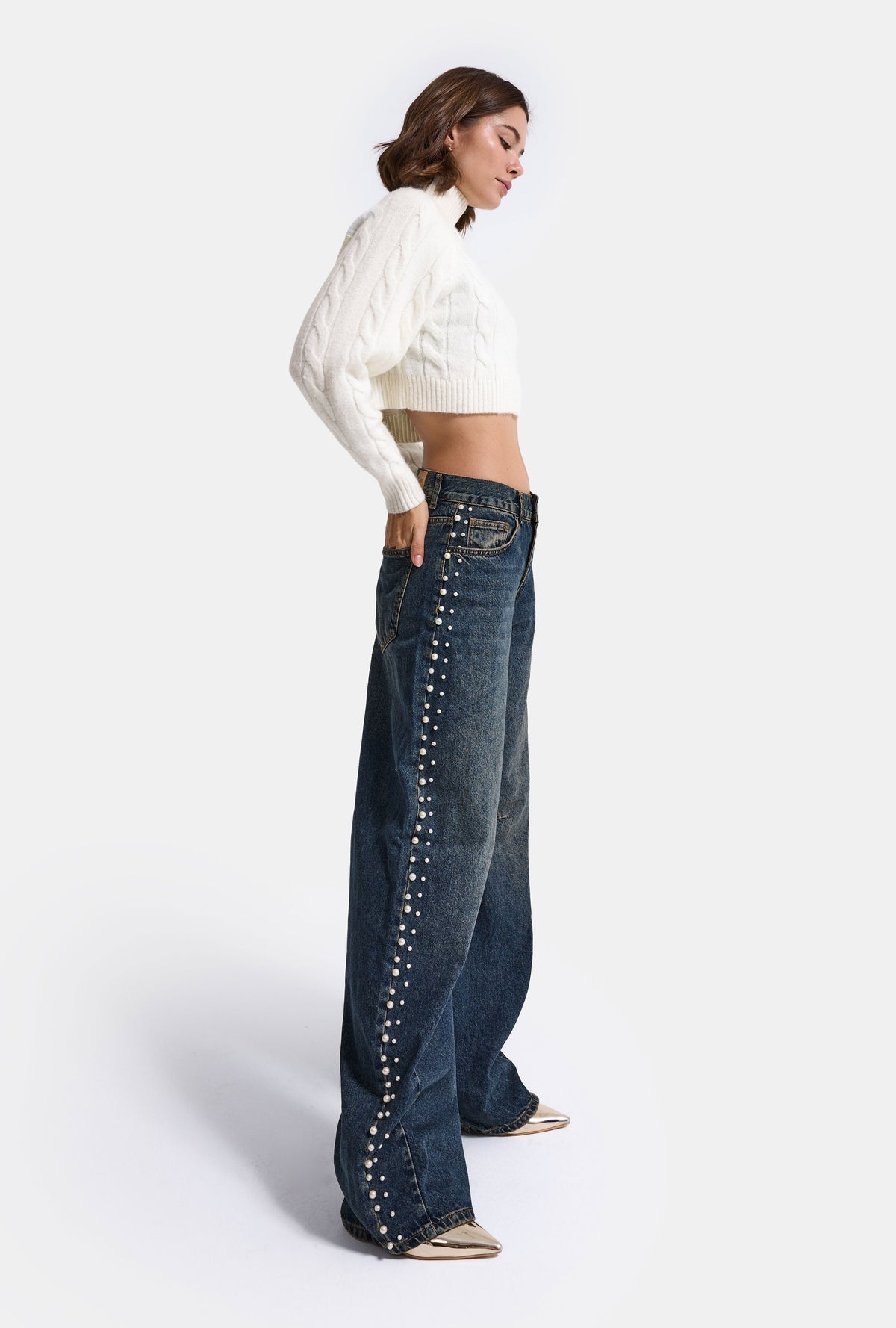 Kadın T-2w6-8 Baggy Fit İnci Tasarım Denim Jean