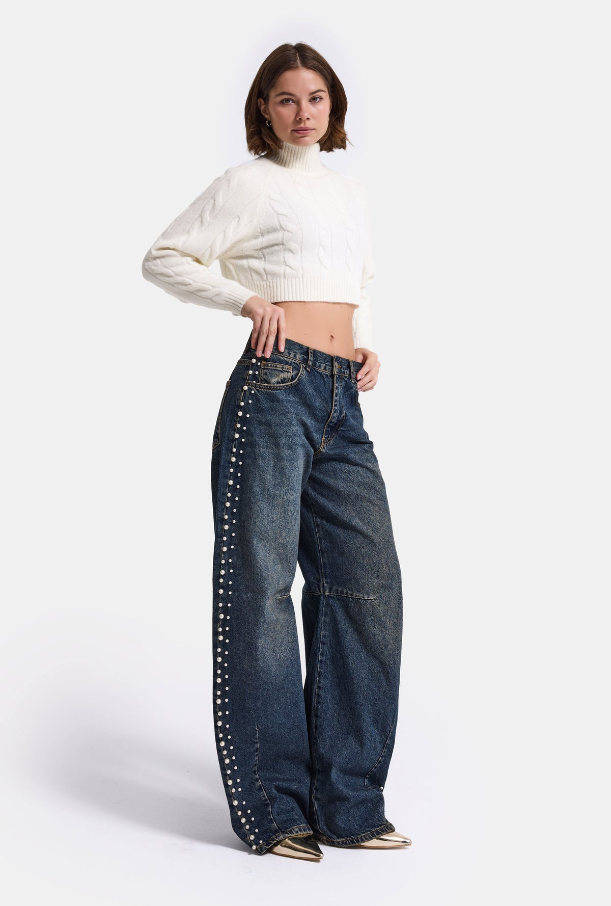 Kadın T-2w6-8 Baggy Fit İnci Tasarım Denim Jean