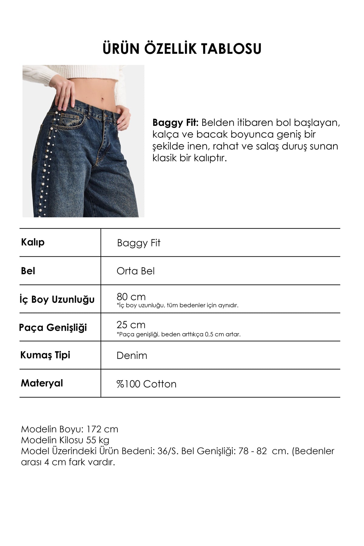 Kadın T-2w6-8 Baggy Fit İnci Tasarım Denim Jean