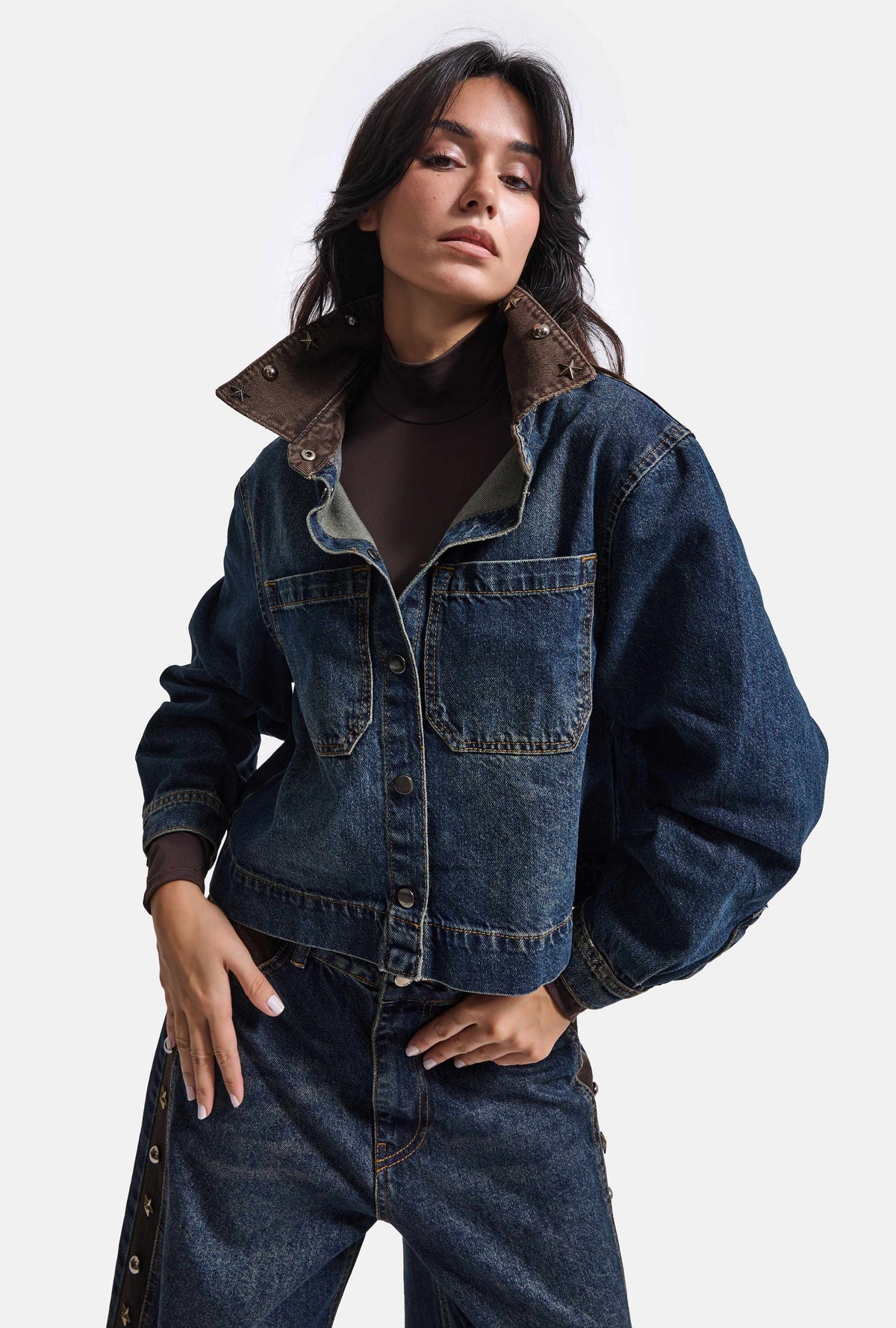 Kadın T-2w6-8 Kemer Boy Aksesuar Detaylı Tasarım Denim Ceket