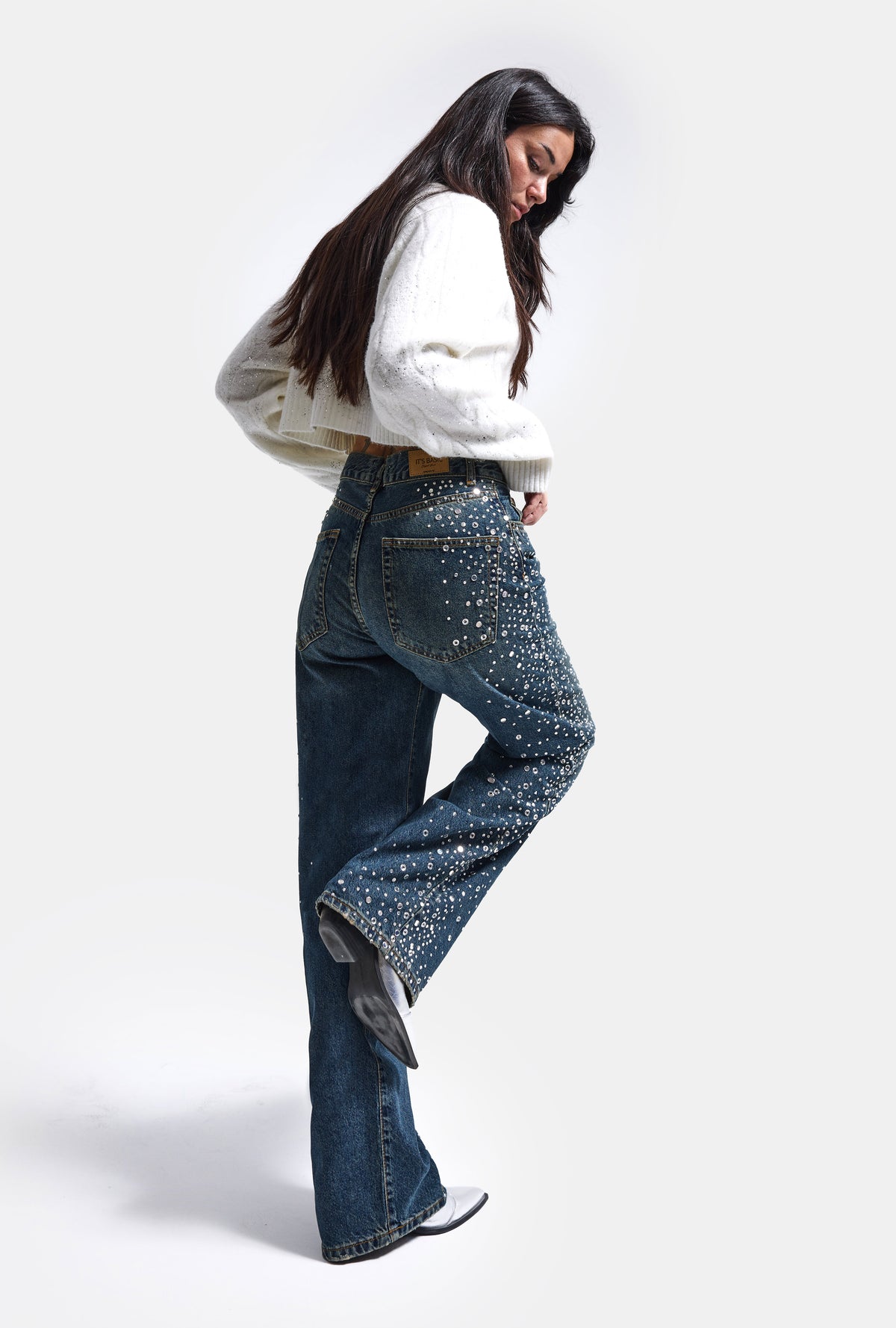 Kadın T-2w6-8 Loose Fit Parlak Taş Özel Tasarım Denim Jean