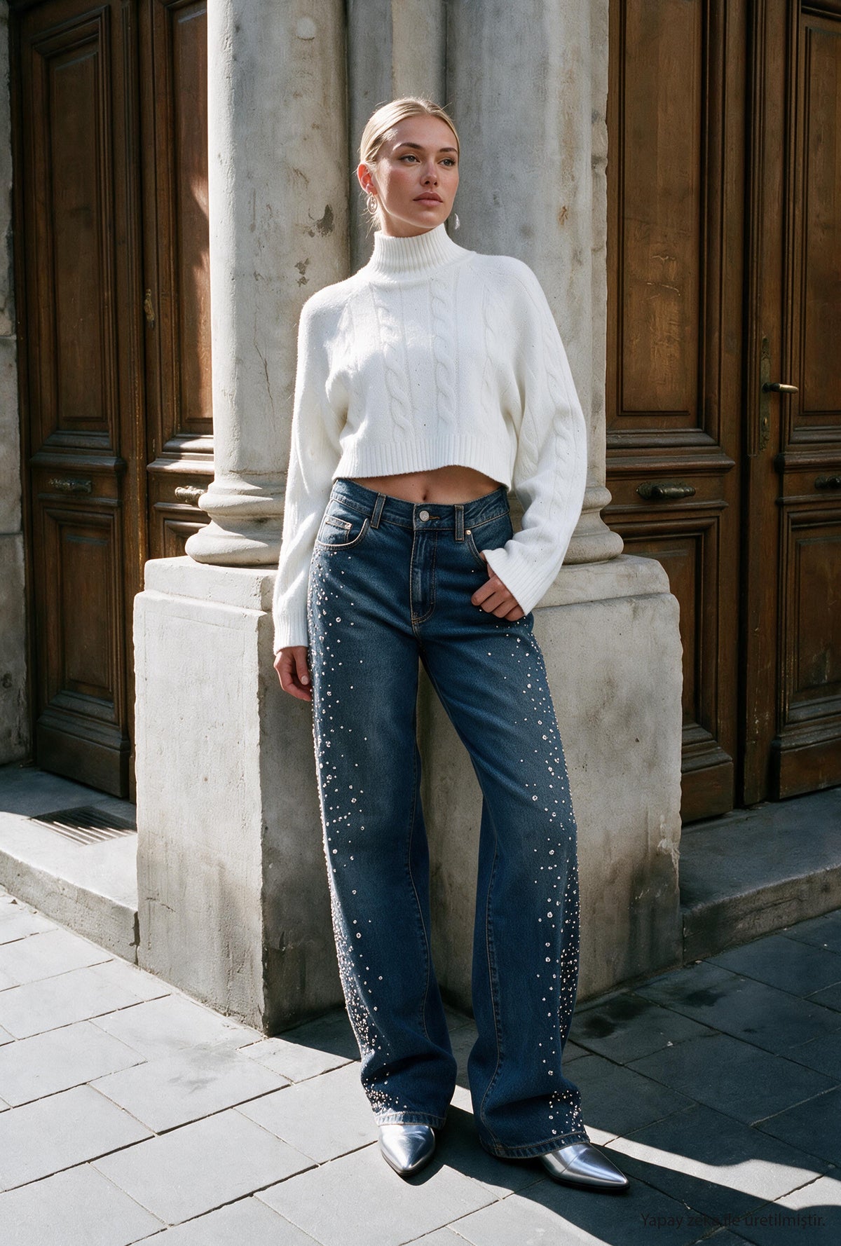 Kadın T-2w6-8 Loose Fit Parlak Taş Özel Tasarım Denim Jean
