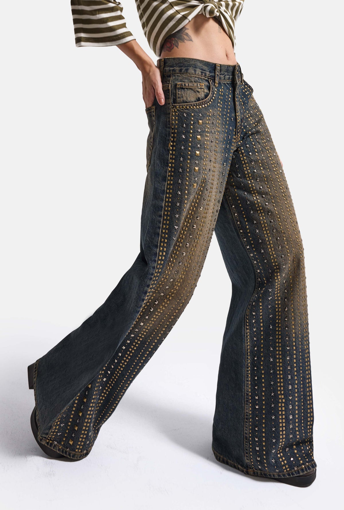 Kadın T-2w6-8 Palazzo Fit Parlak Taş Tasarım Denim Jean