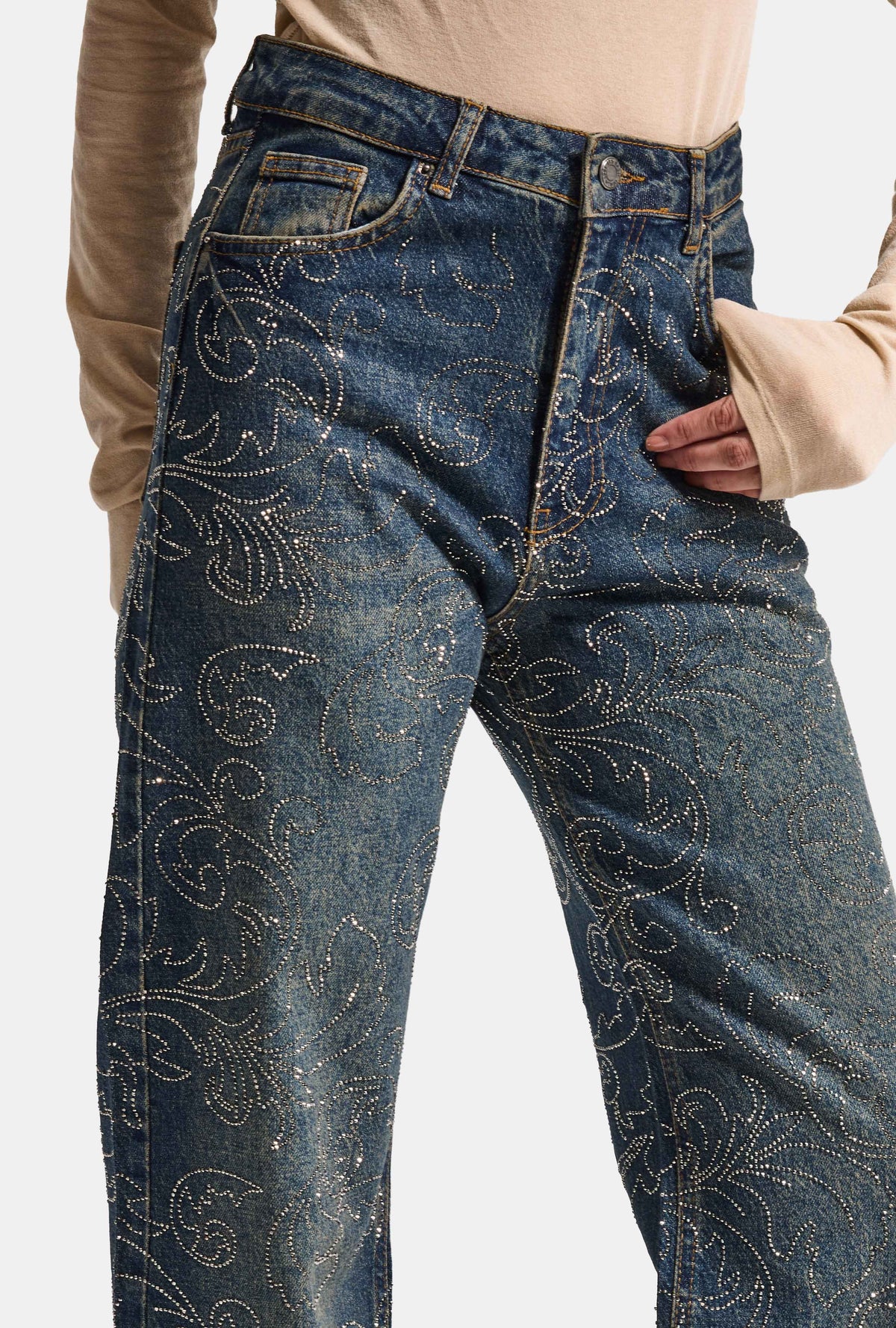 Kadın T-2w6-8 Straight Fit Özel Desen Parlak Taş Tasarım Denim Jean