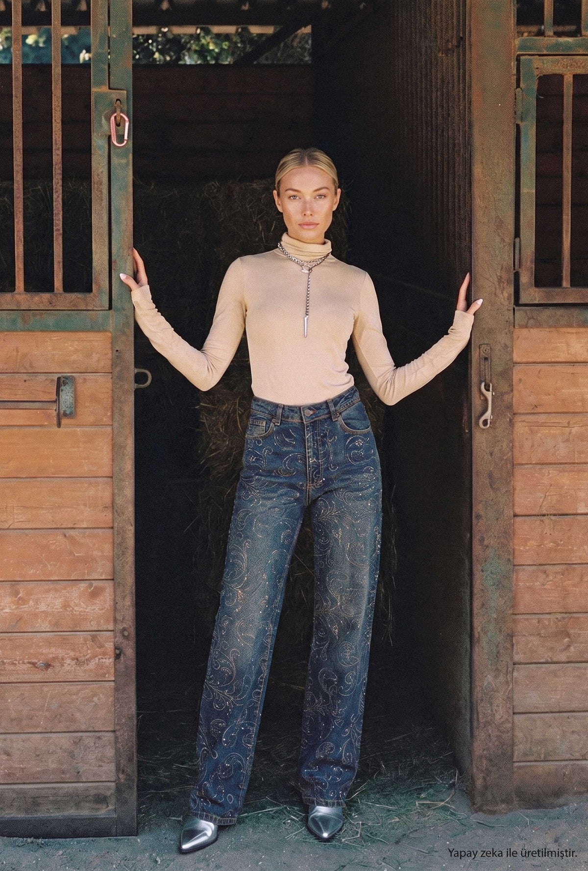 Kadın T-2w6-8 Straight Fit Özel Desen Parlak Taş Tasarım Denim Jean