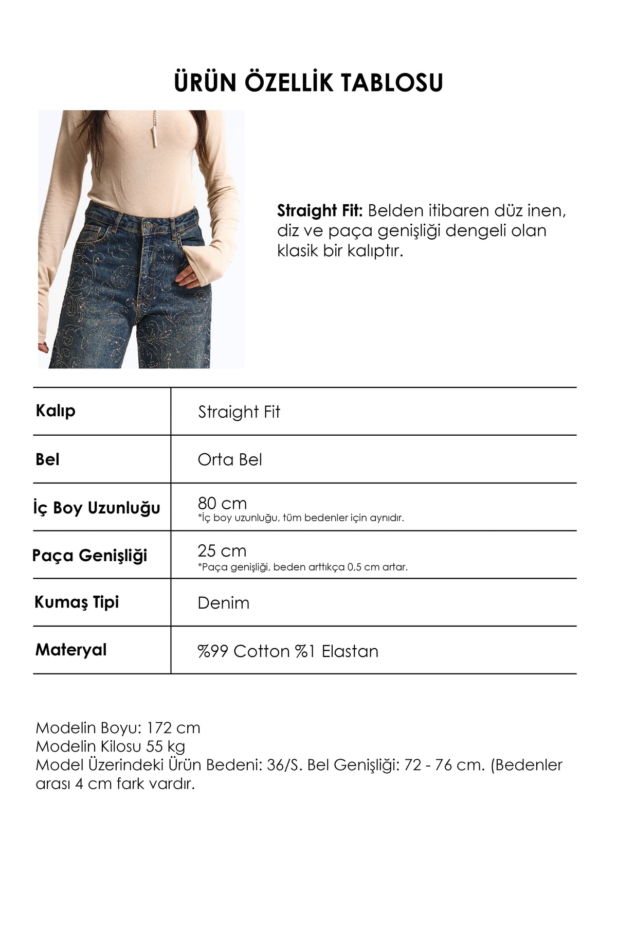 Kadın T-2w6-8 Straight Fit Özel Desen Parlak Taş Tasarım Denim Jean