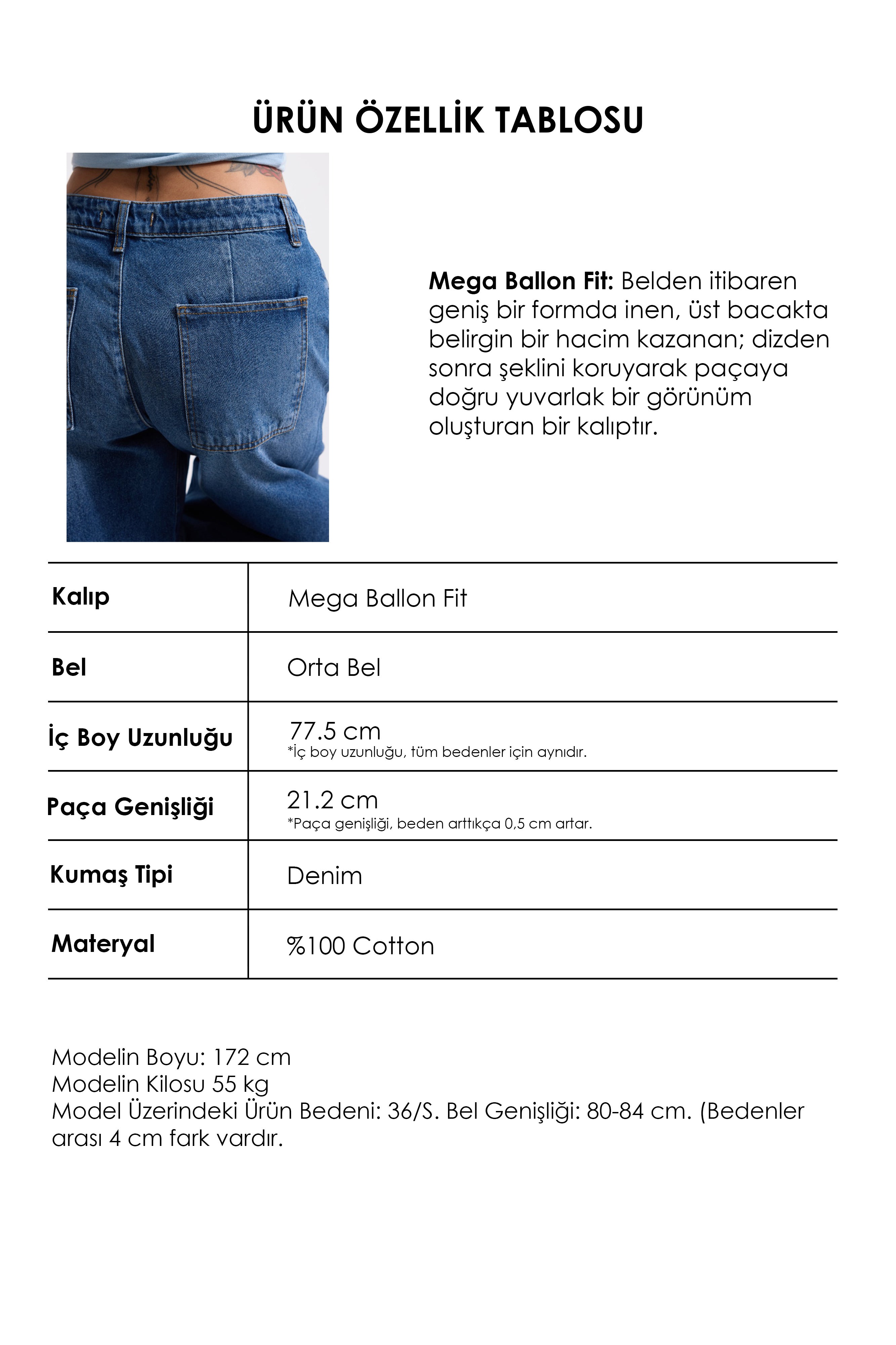 Kadın Koyu Kot 4s6-5 Mega Balon Fit %100 Koton T45 Denim Jean