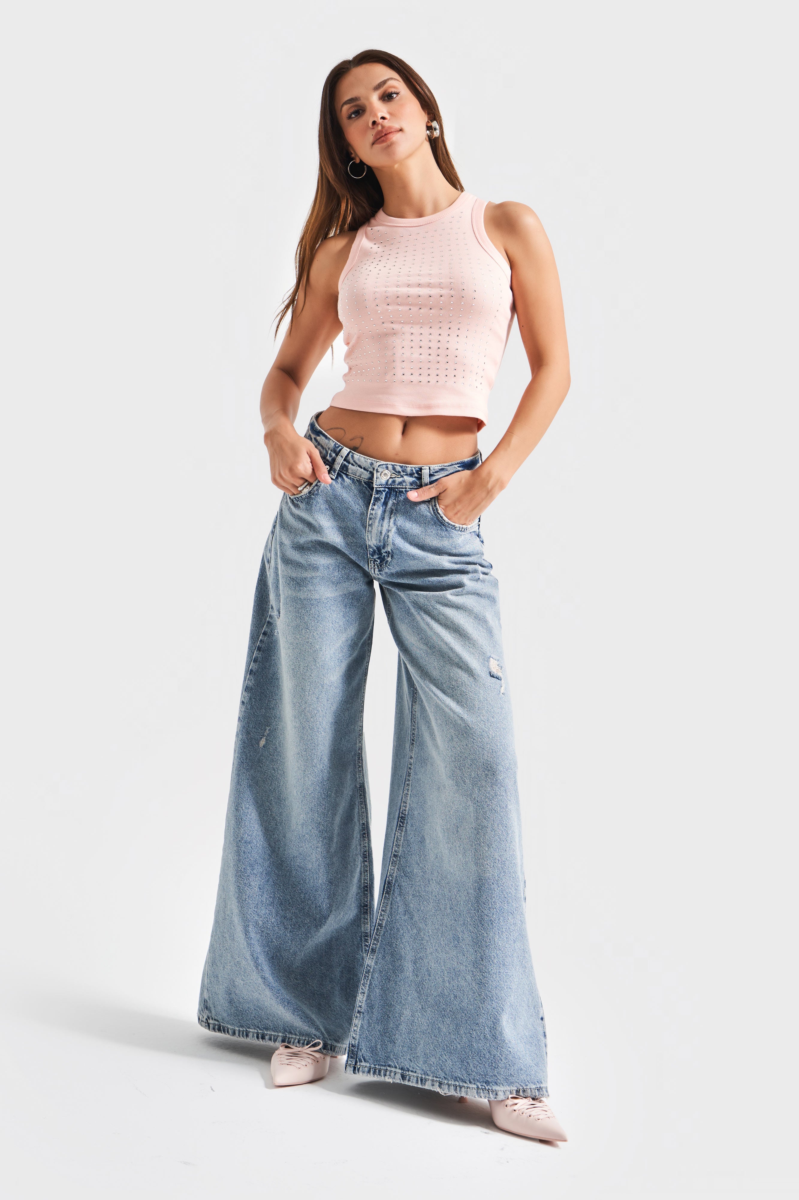 Kadın T.Kot Rengi 10s5-32 Elephant Leg Bol Kesim %100 Koton Yırtık Detaylı Denim Jean