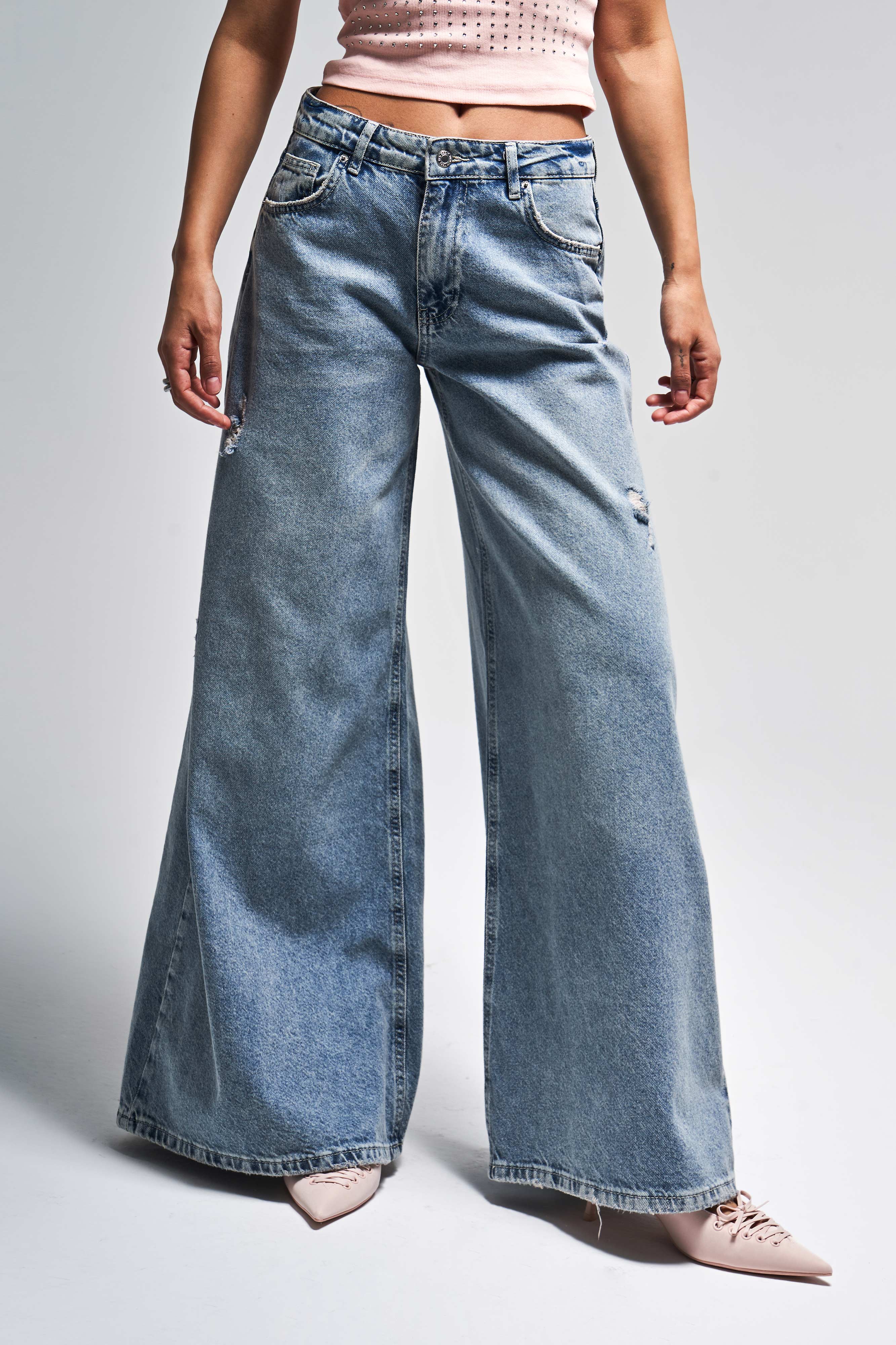 Kadın T.Kot Rengi 10s5-32 Elephant Leg Bol Kesim %100 Koton Yırtık Detaylı Denim Jean