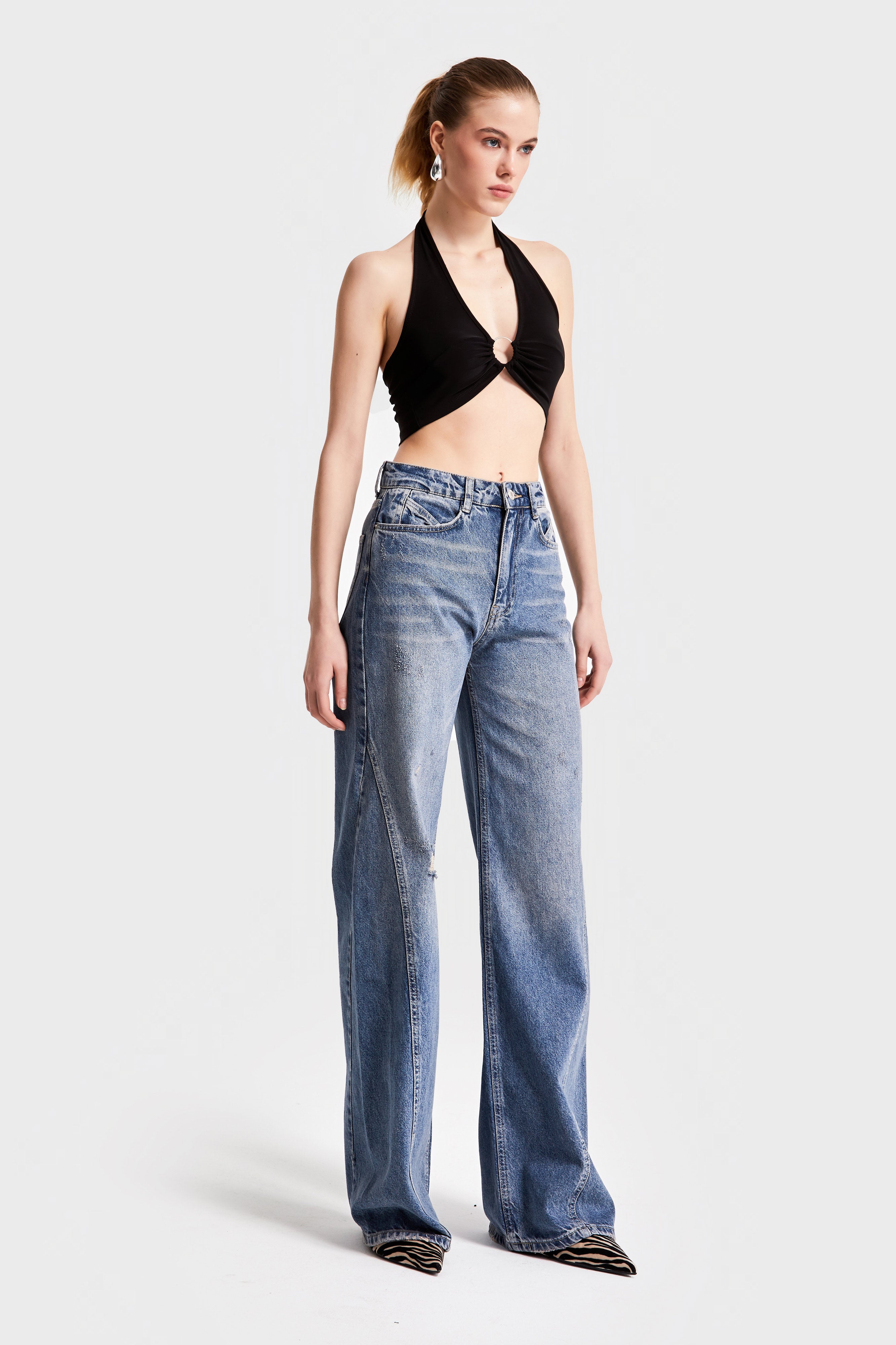 Women's T.Jeans Color 10S5-32 Straight Fit High Waist 100% Cotton Denim Jeans